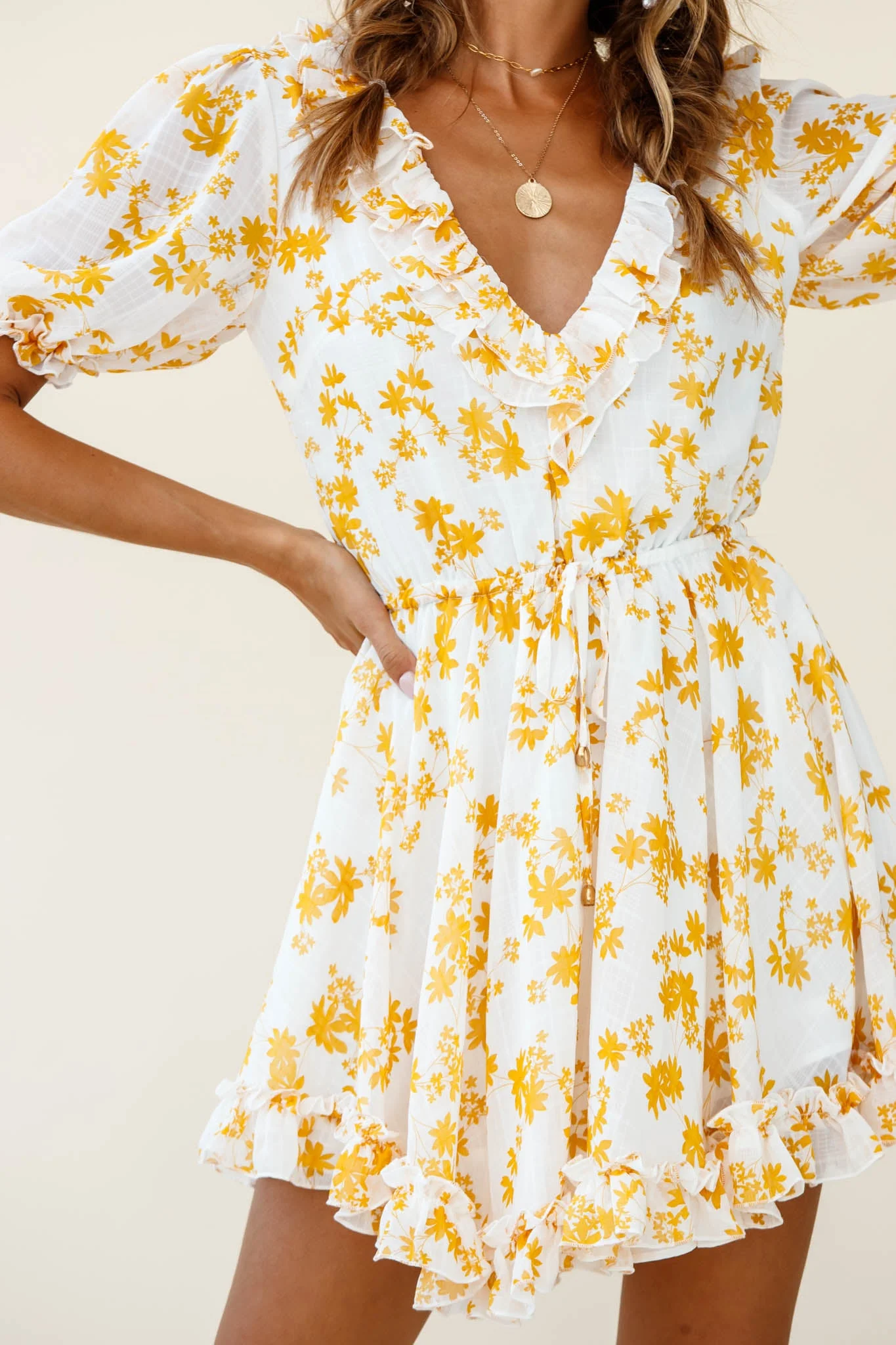 Brianna Puff Sleeve Drawstring Waist Dress Floral Print Yellow - Image 6