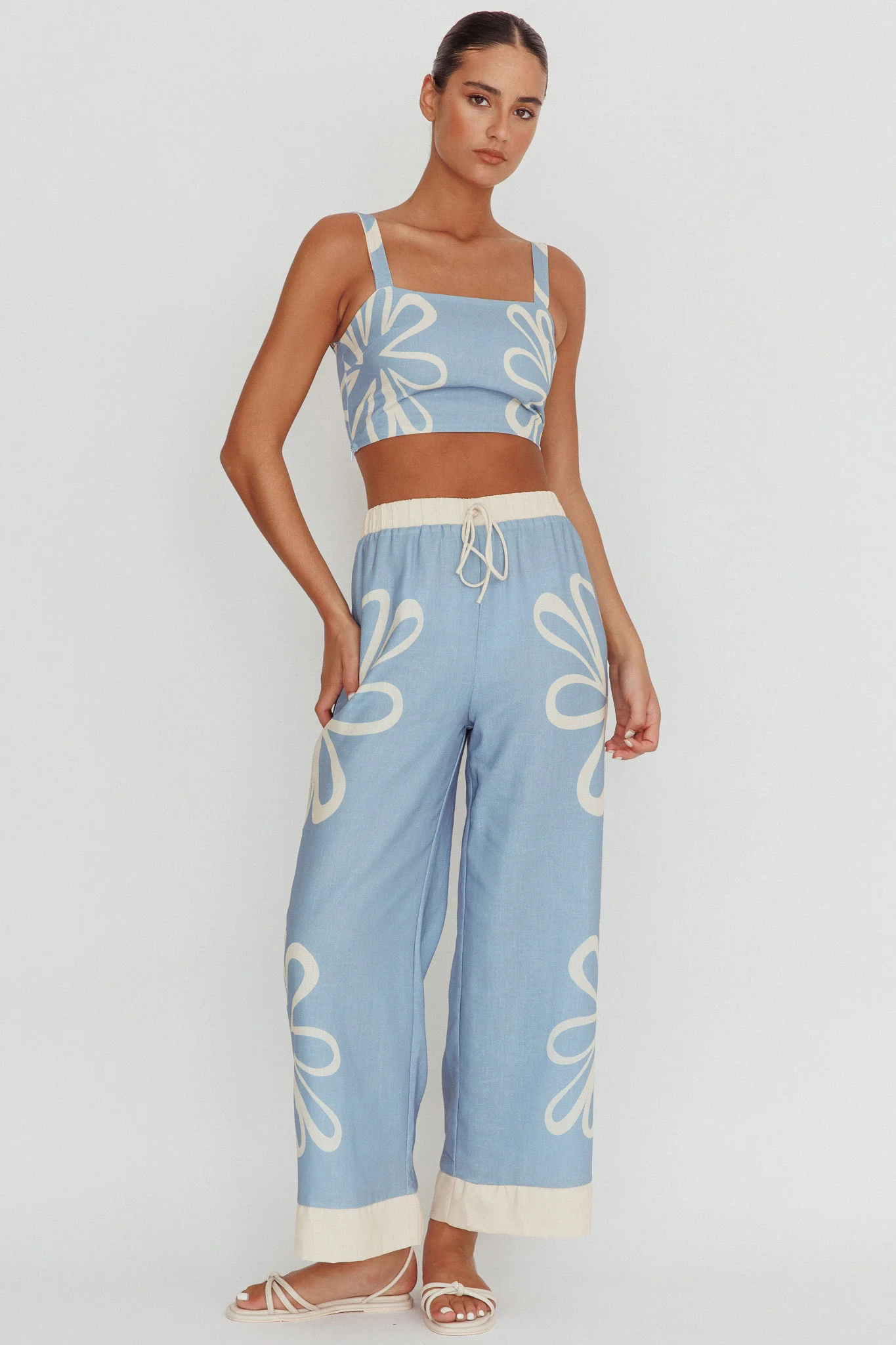Briar Floral Wide Leg Pants Beige Blue - Image 3