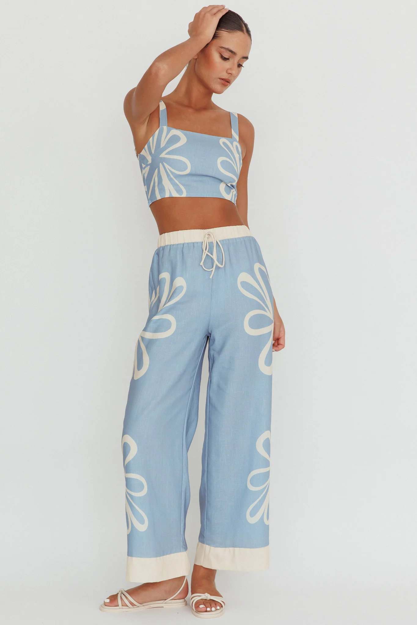 Briar Floral Wide Leg Pants Beige Blue - Image 5