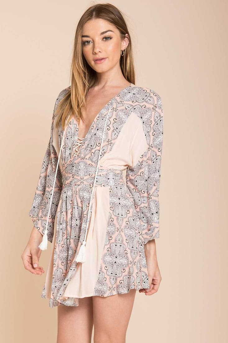 Brielle Bell Sleeve Summer Dress Peach Print - Image 2