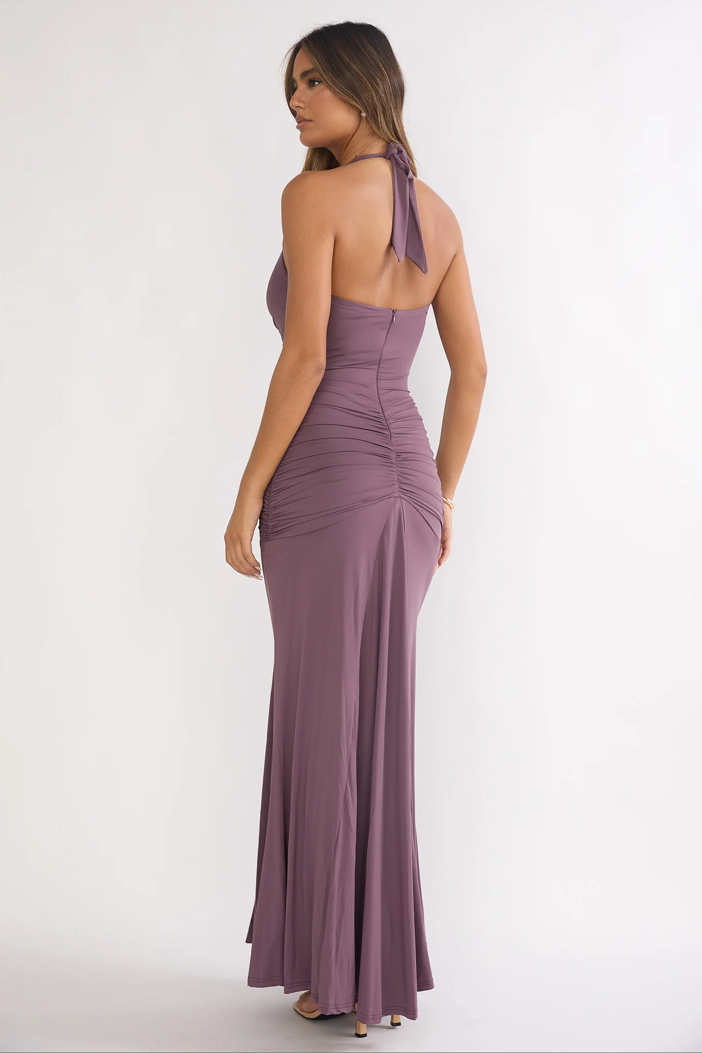 Brienna Halter Ruched Maxi Dress Mauve - Image 2