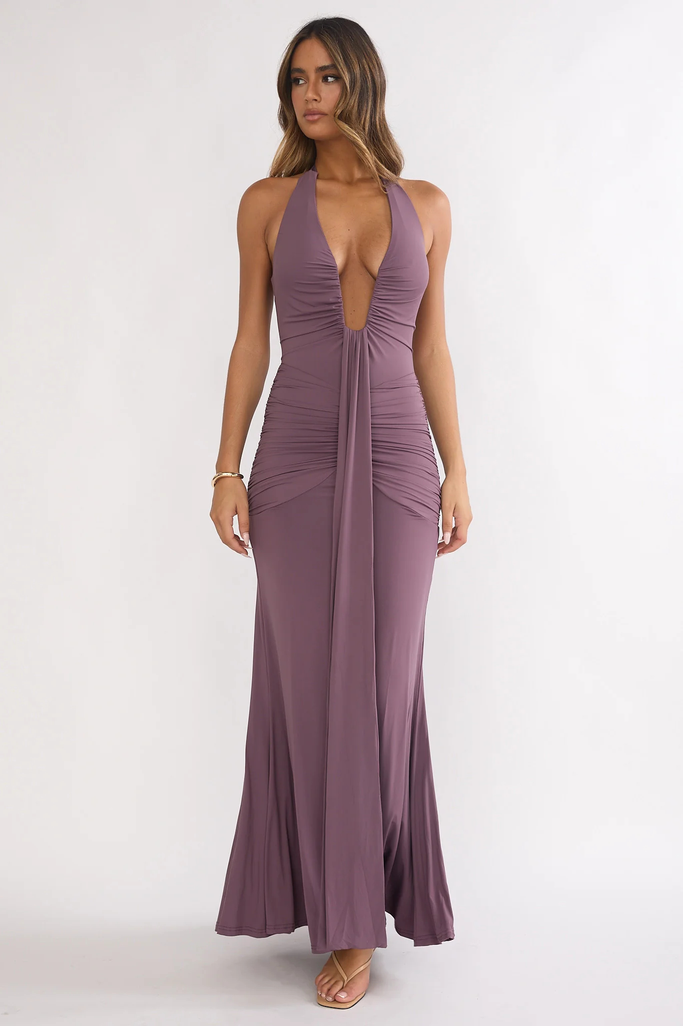 Brienna Halter Ruched Maxi Dress Mauve - Image 4