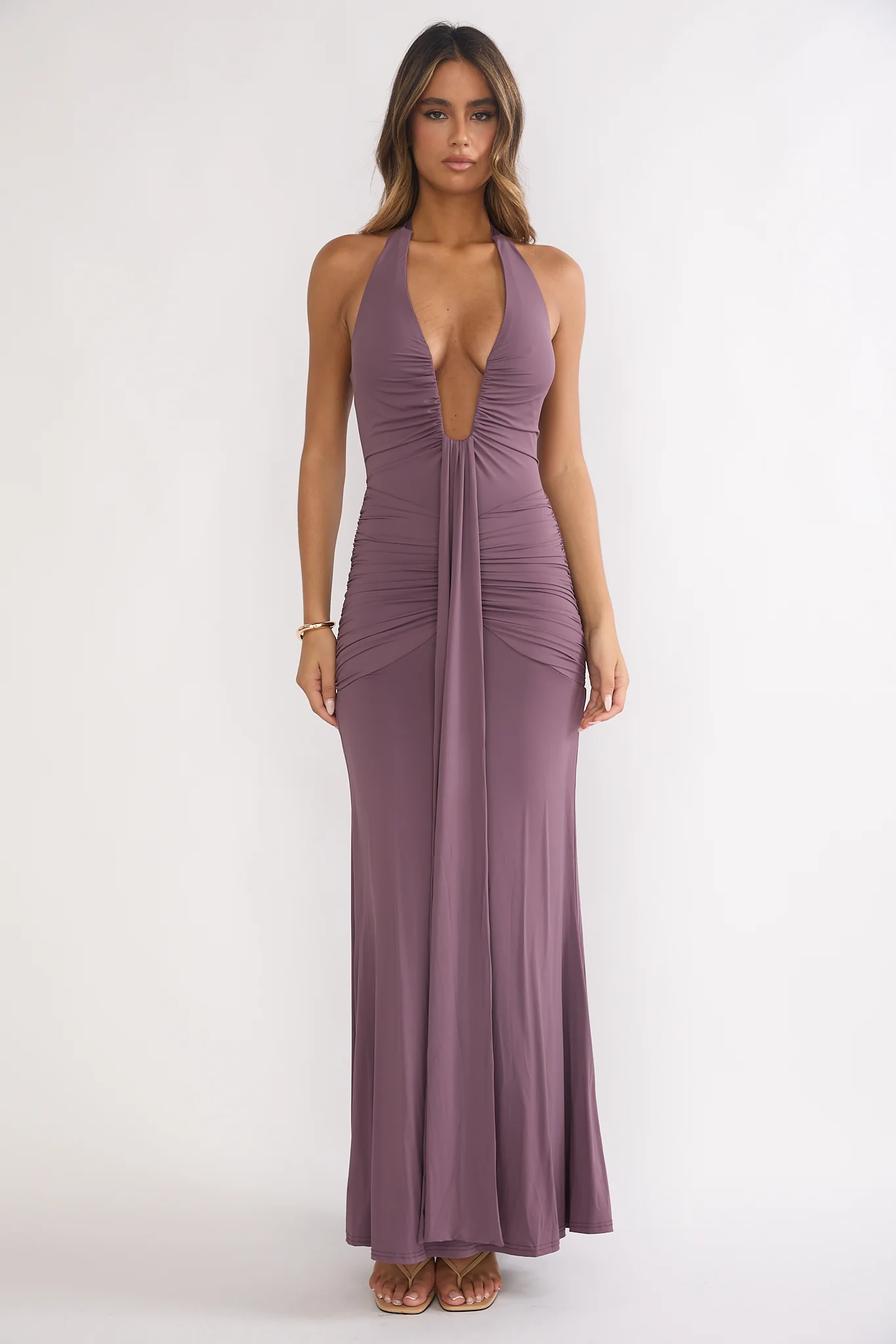 Brienna Halter Ruched Maxi Dress Mauve - Image 5