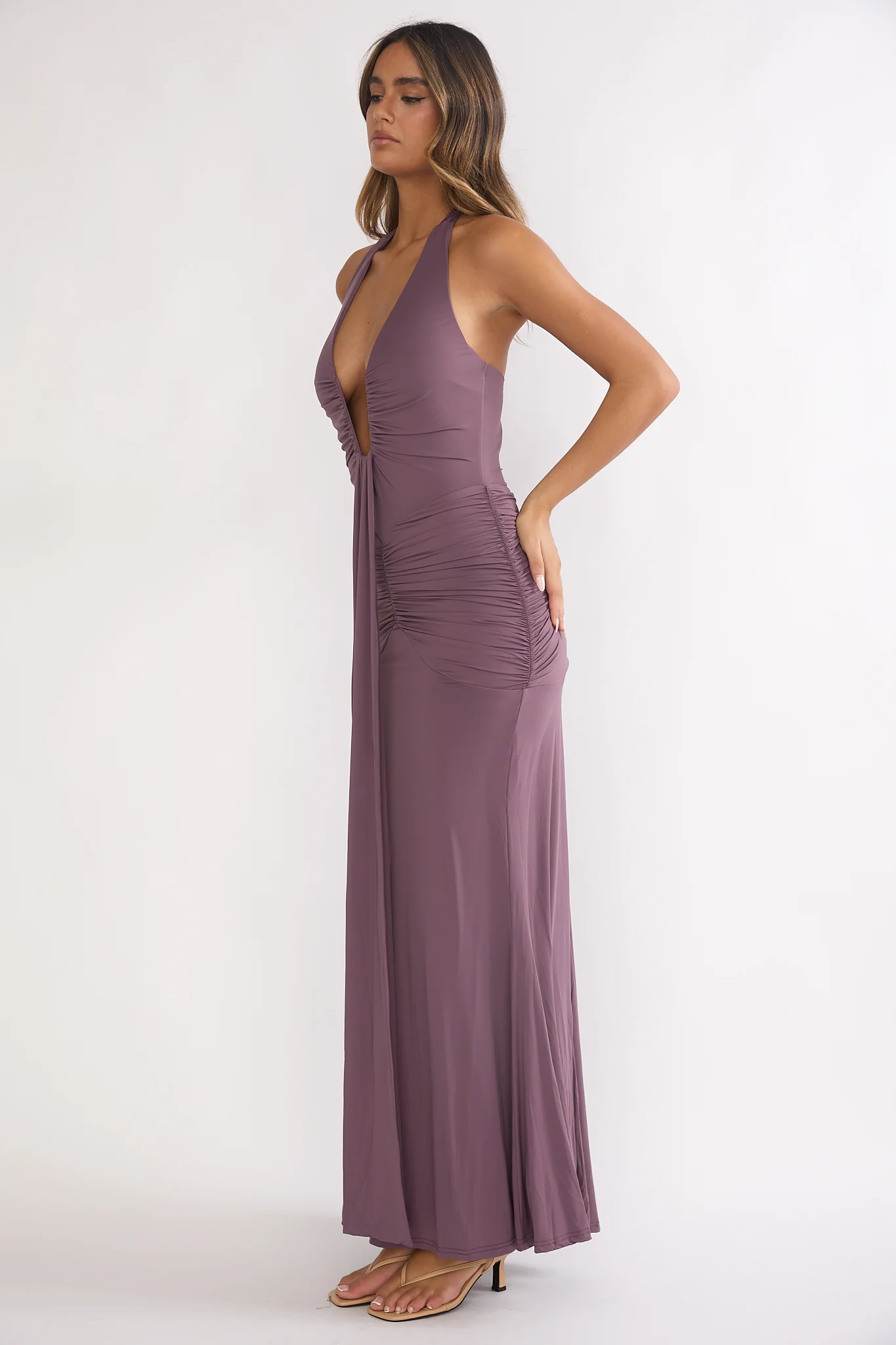 Brienna Halter Ruched Maxi Dress Mauve - Image 6