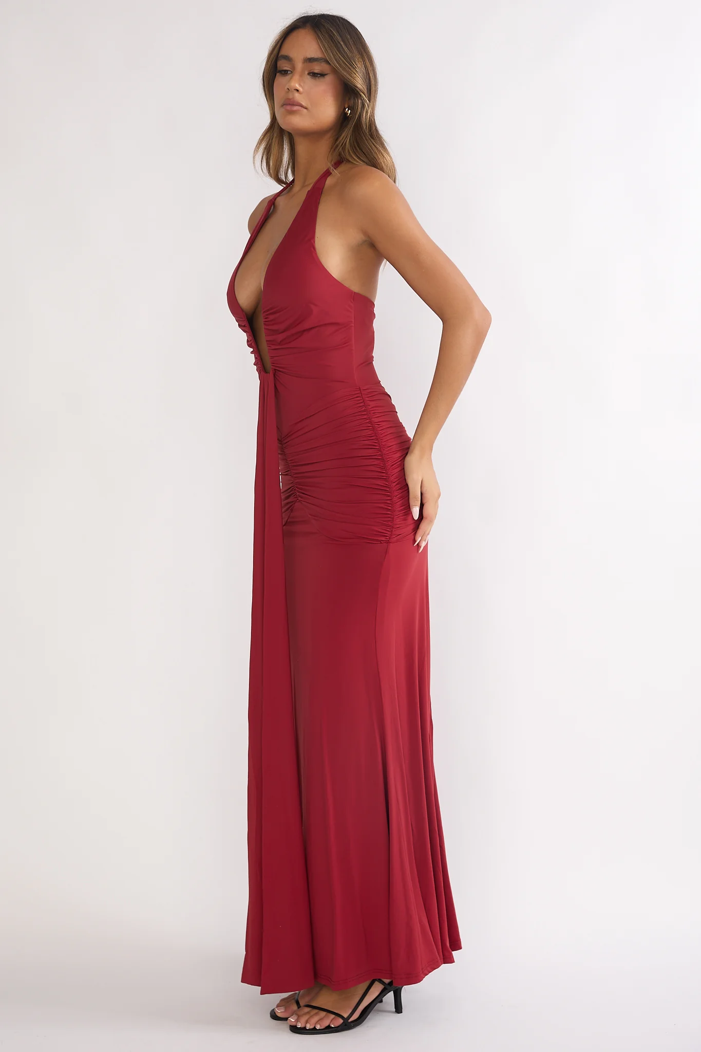 Brienna Halter Ruched Maxi Dress Wine - Image 6