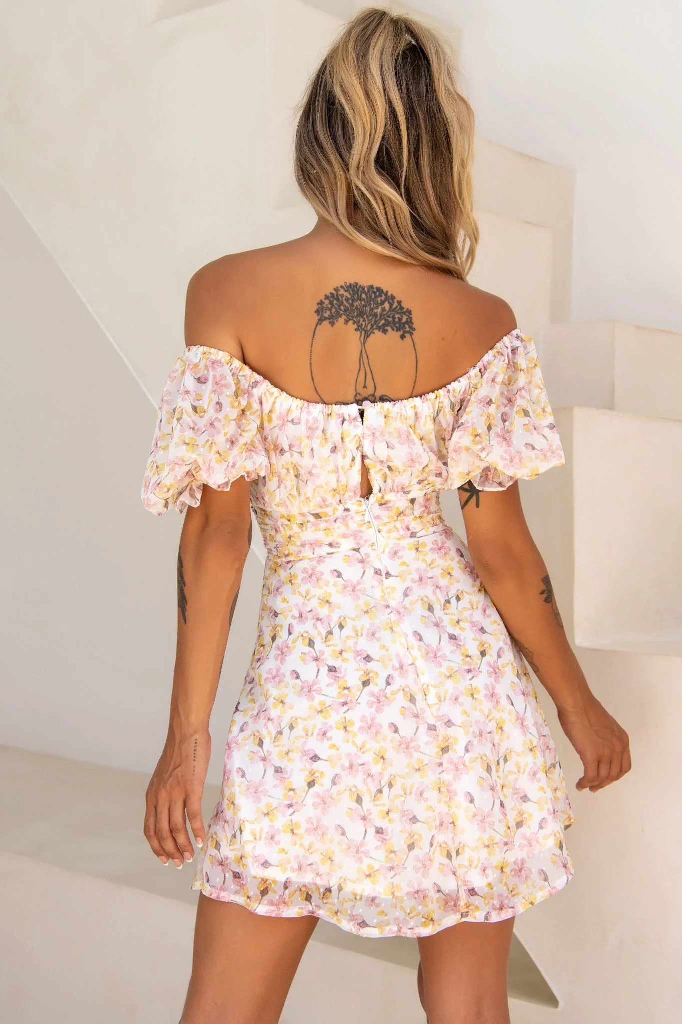 Bright Side Off-Shoulder Puff Sleeve Dress Floral Print Pink/Yellow - Image 3