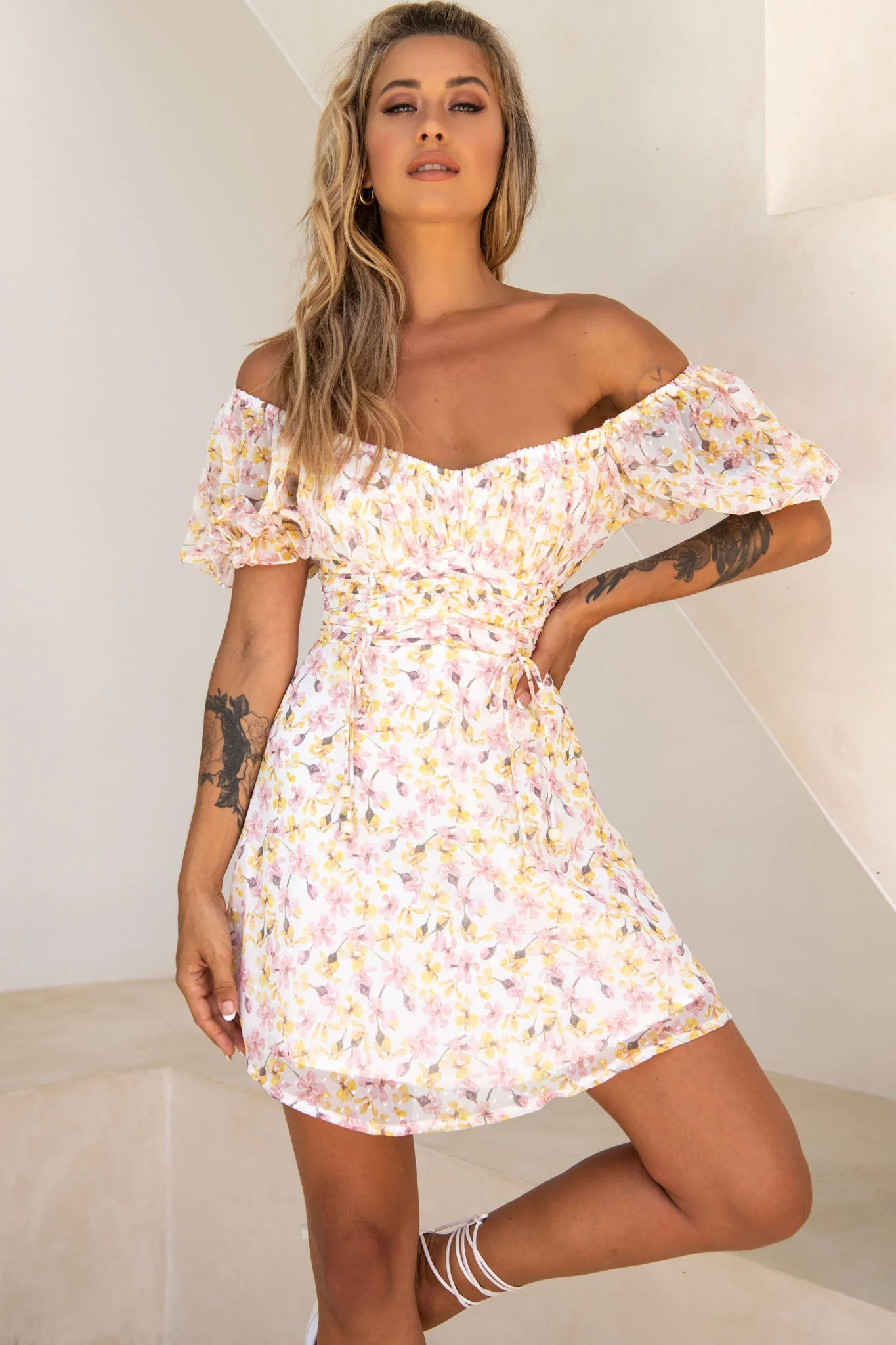 Bright Side Off-Shoulder Puff Sleeve Dress Floral Print Pink/Yellow - Image 5