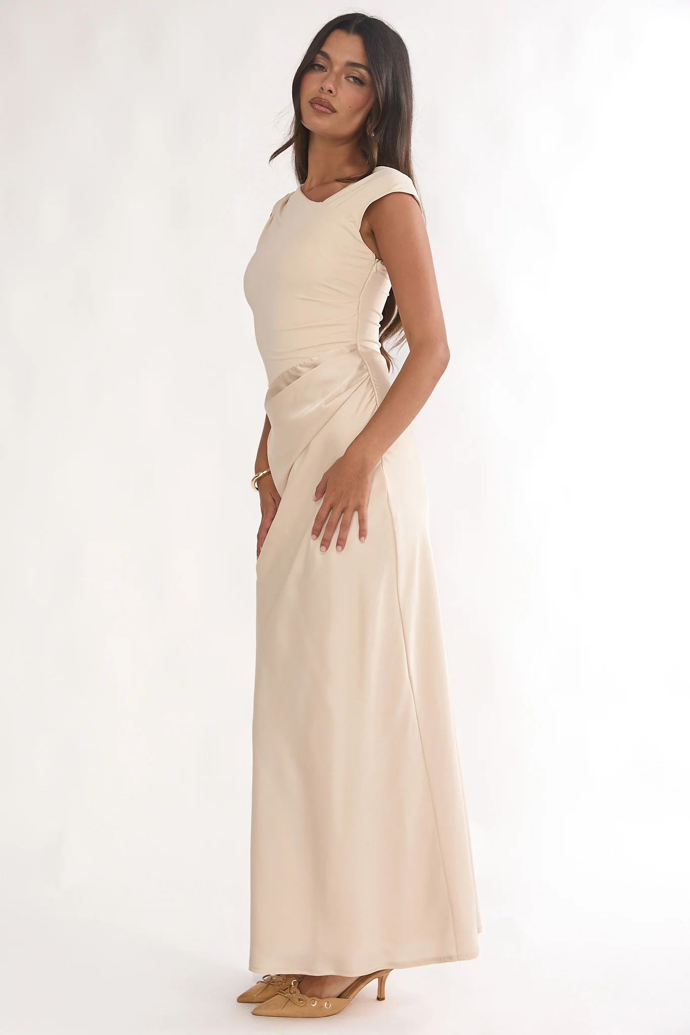 Brinelle Side Pleat Maxi Dress Ecru - Image 6