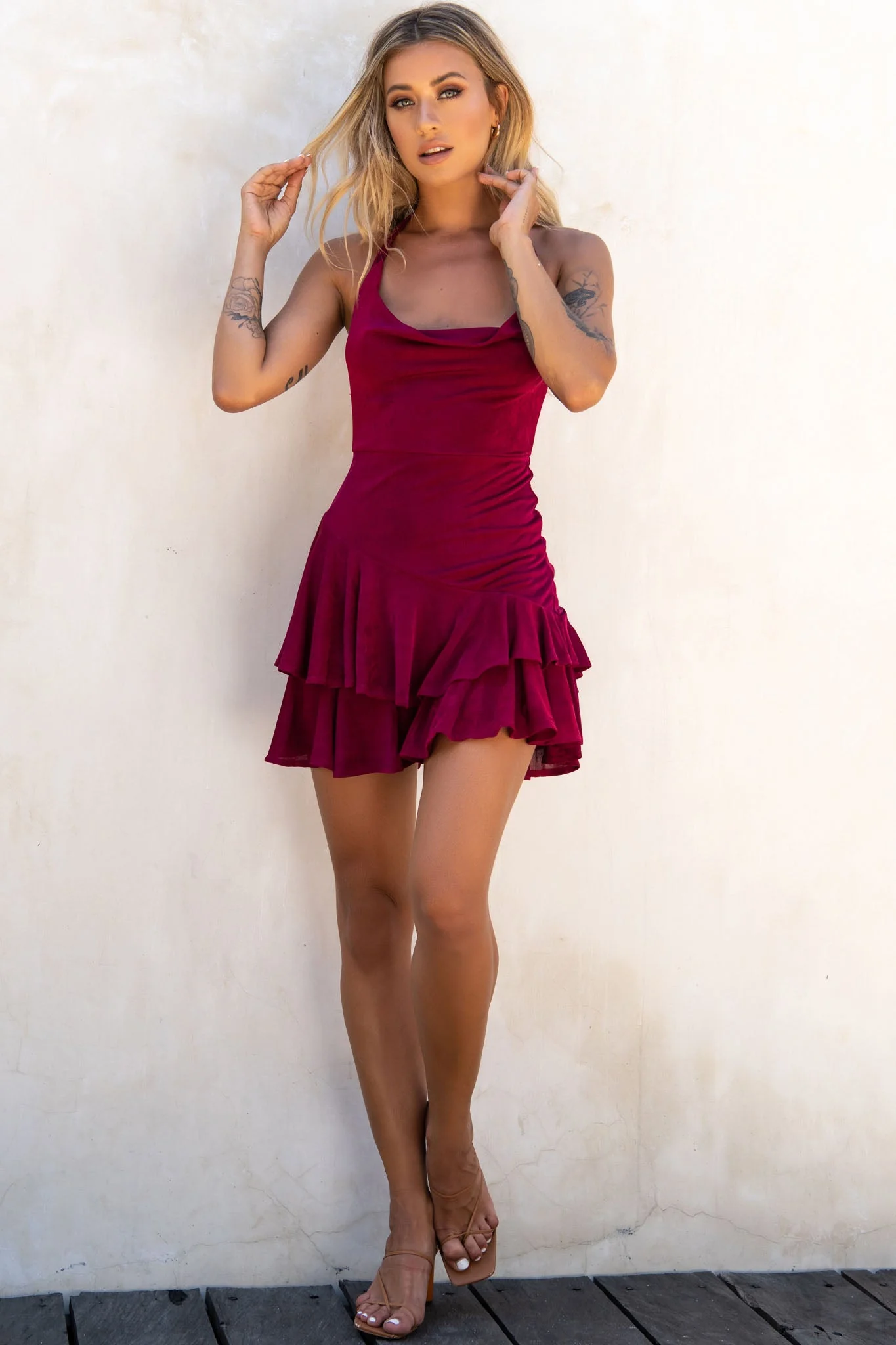Bring On The Night Cowl Halterneck Dress Plum - Image 2