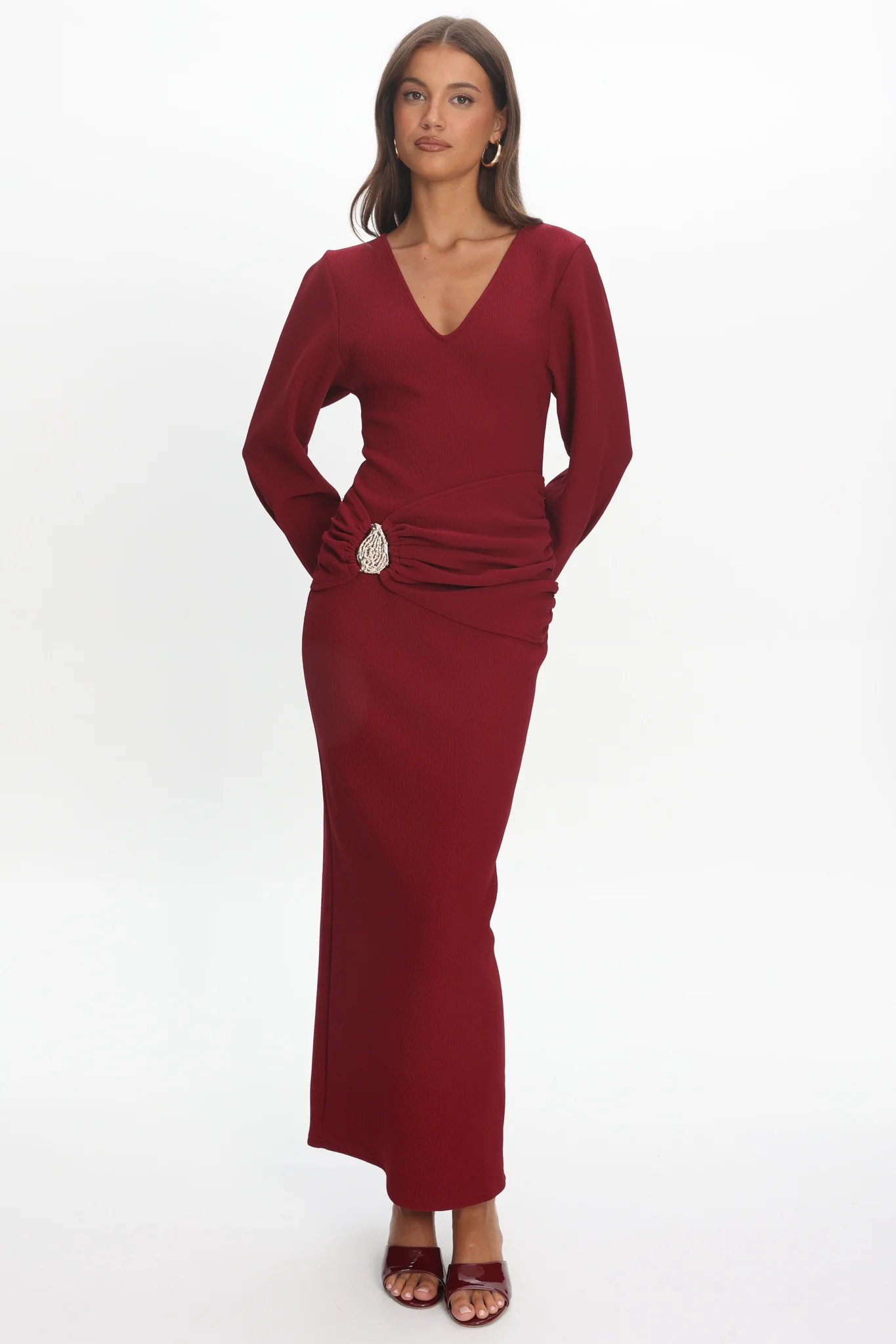 Briona Long Sleeve Buckle Maxi Dress Burgundy - Image 2