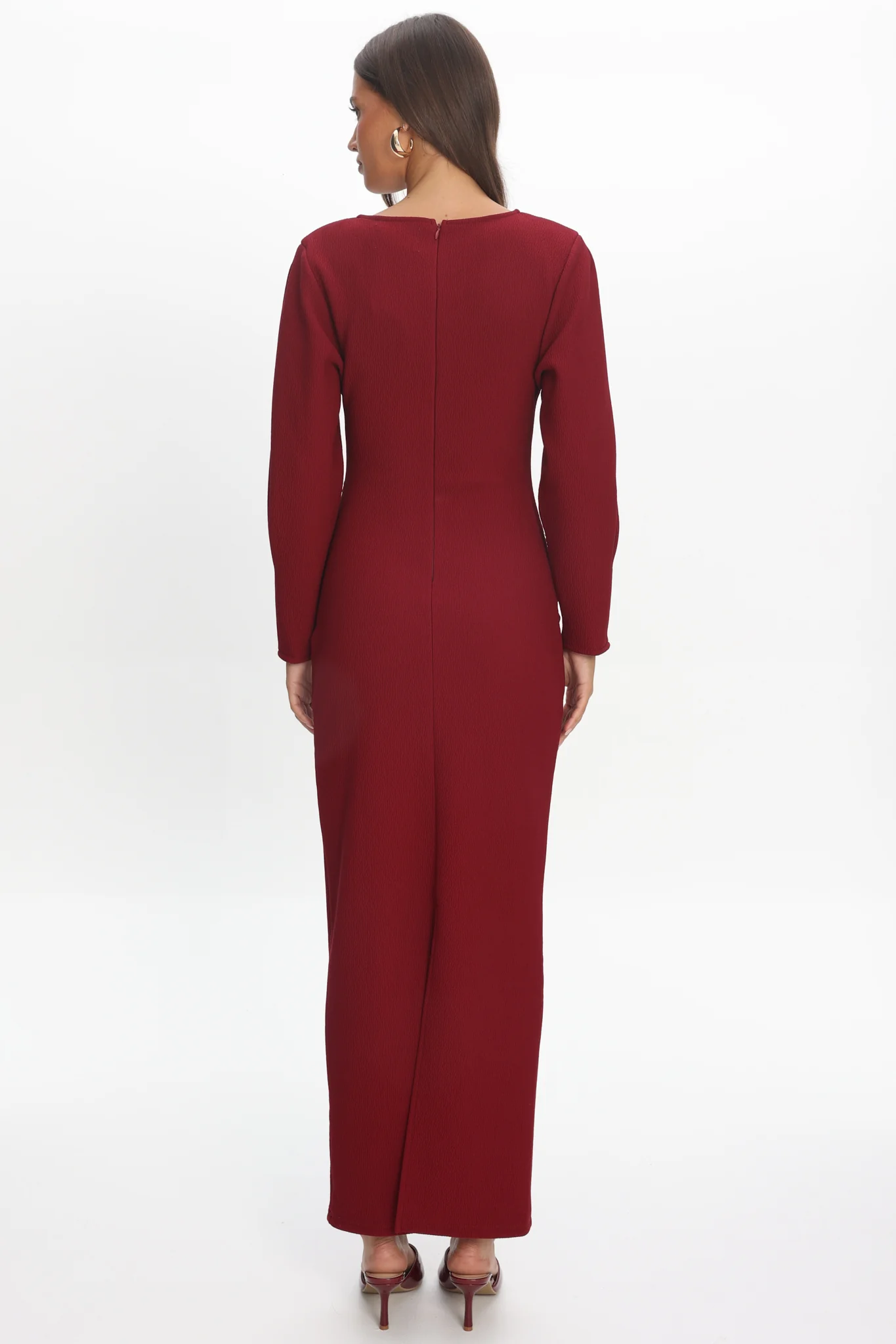 Briona Long Sleeve Buckle Maxi Dress Burgundy - Image 3