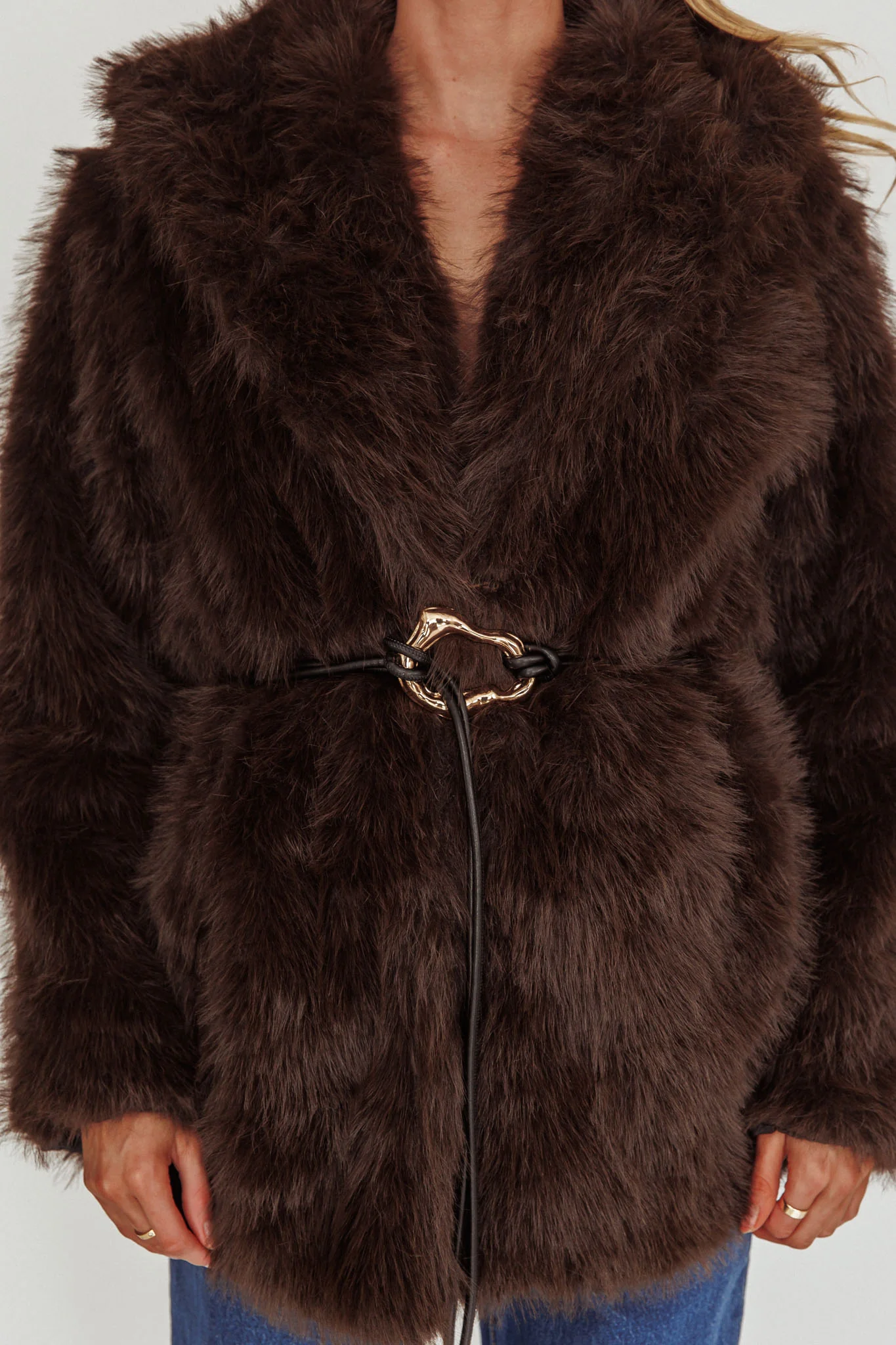 Brisa Belted Lapel Coat Faux Fur Brown - Image 5