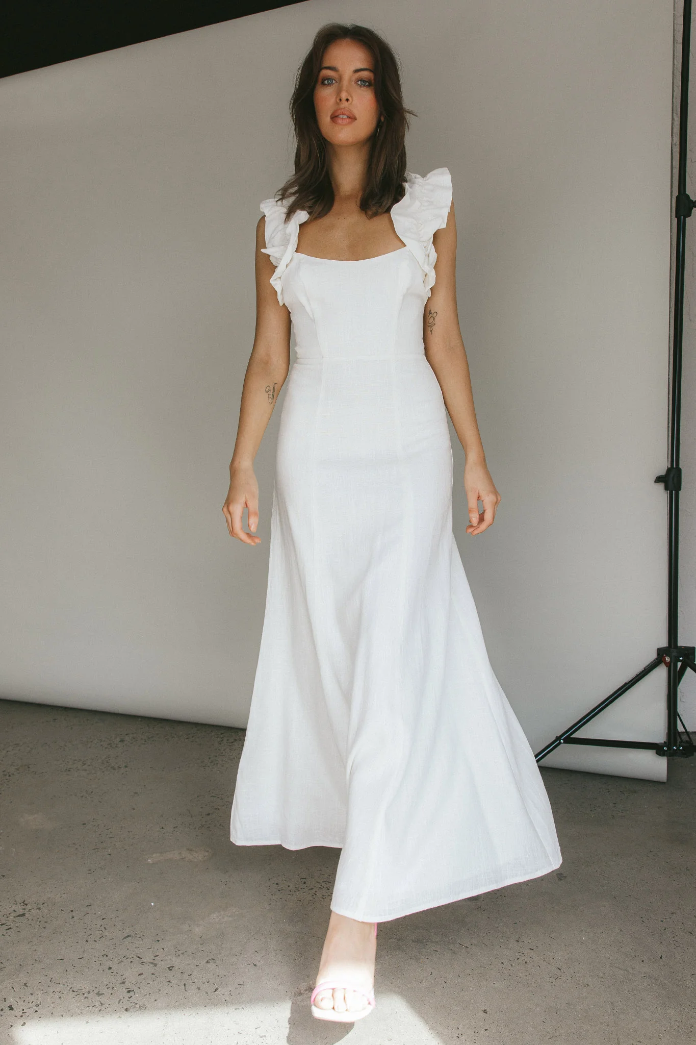 Bronte Ruffle Strap Midi Dress Cream - Image 3
