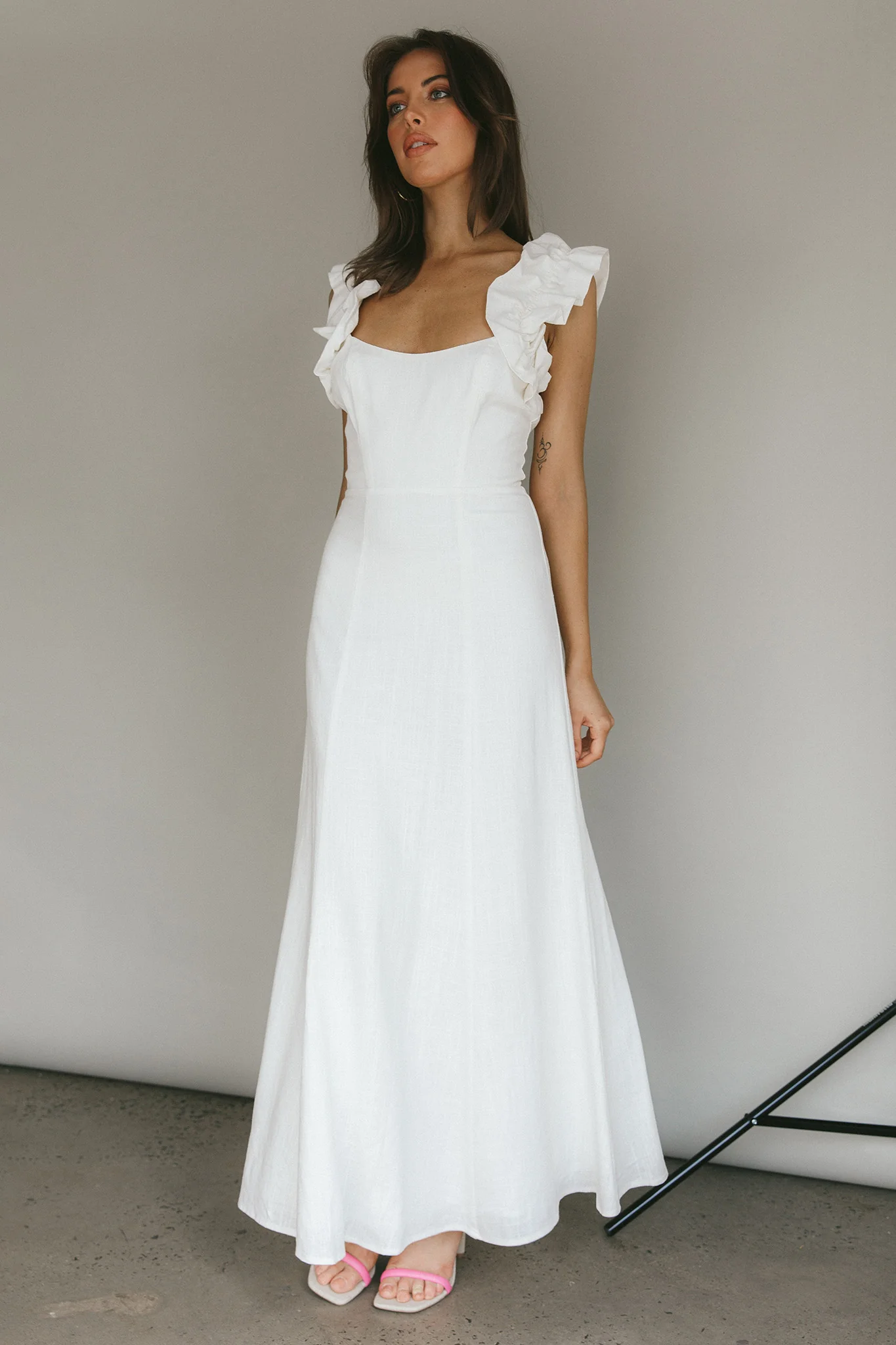 Bronte Ruffle Strap Midi Dress Cream - Image 4