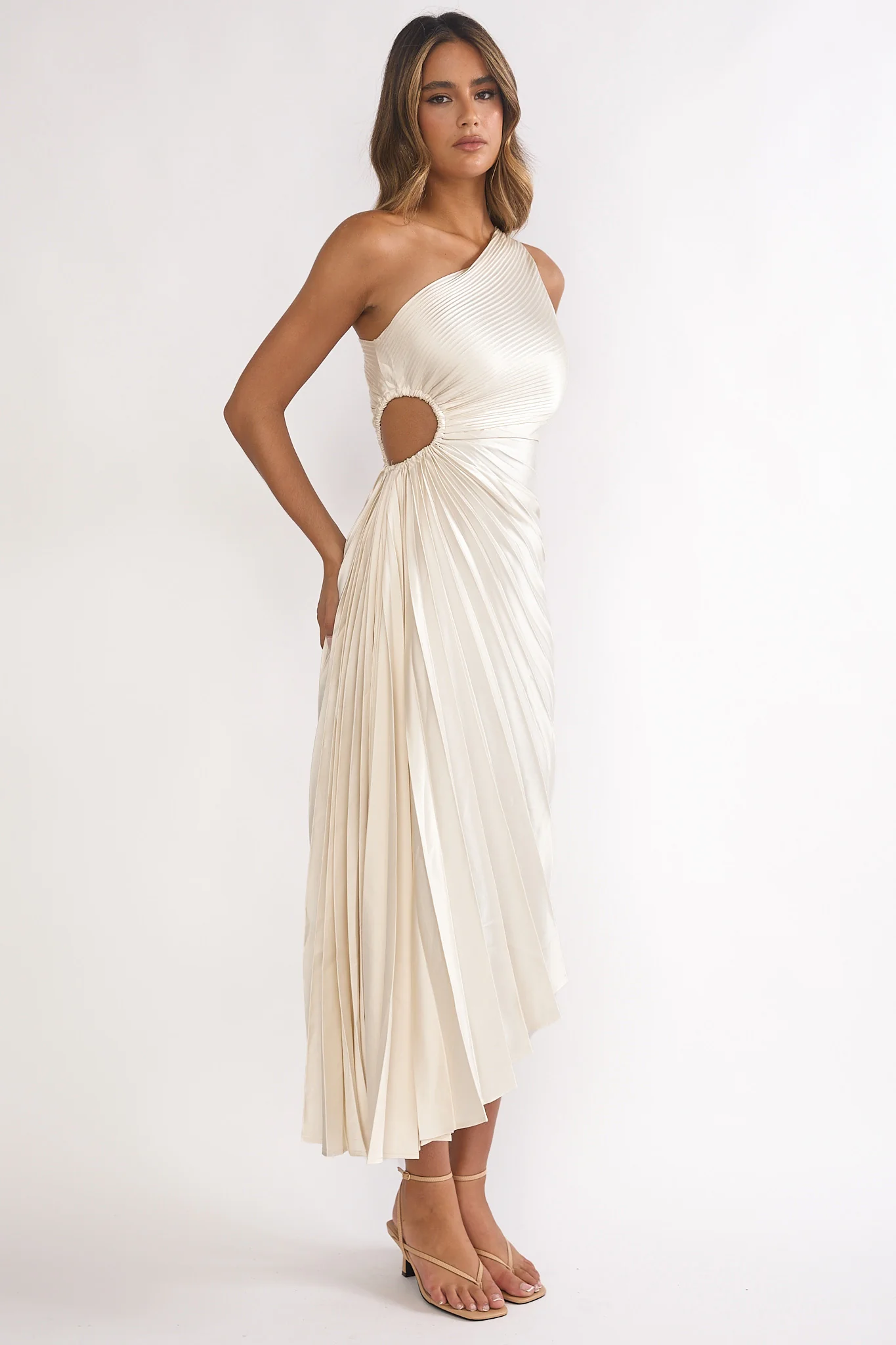 Brooklynn One-Shoulder Accordion Pleat Dress Champagne - Image 6