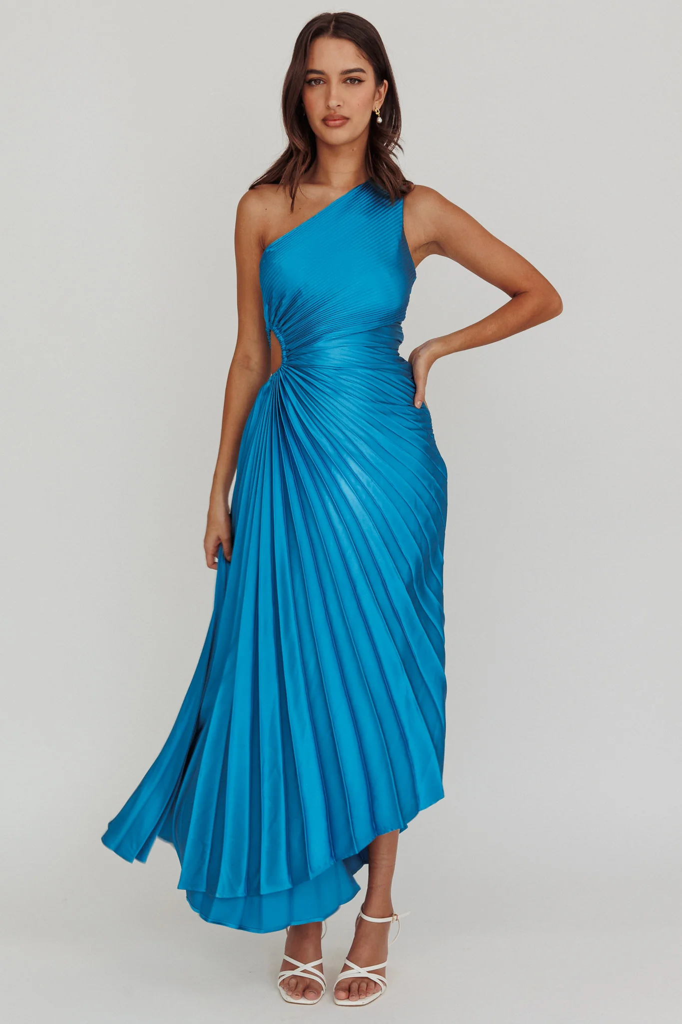 Brooklynn One-Shoulder Accordion Pleat Satin Midi Dress Teal - Image 3
