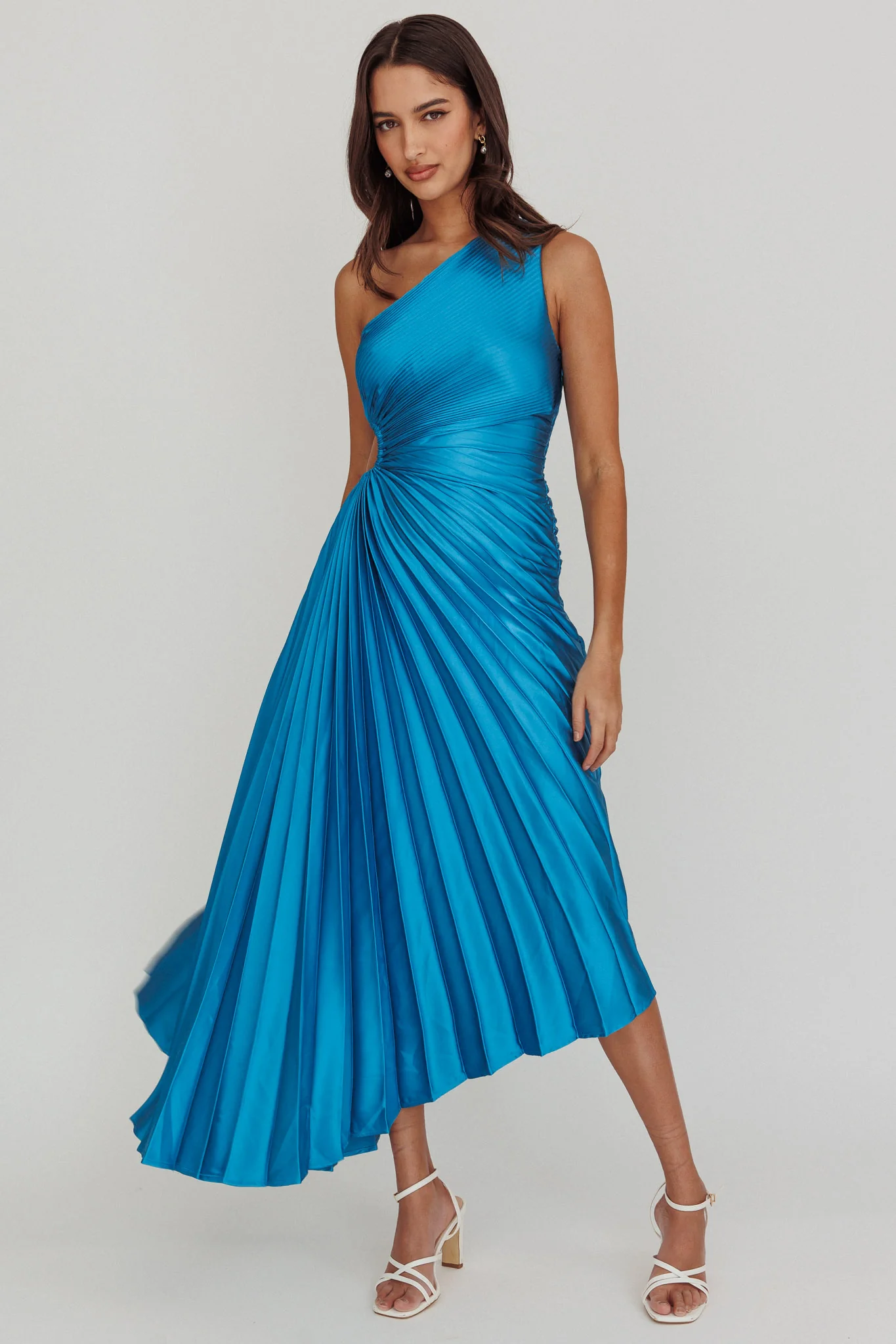 Brooklynn One-Shoulder Accordion Pleat Satin Midi Dress Teal - Image 5