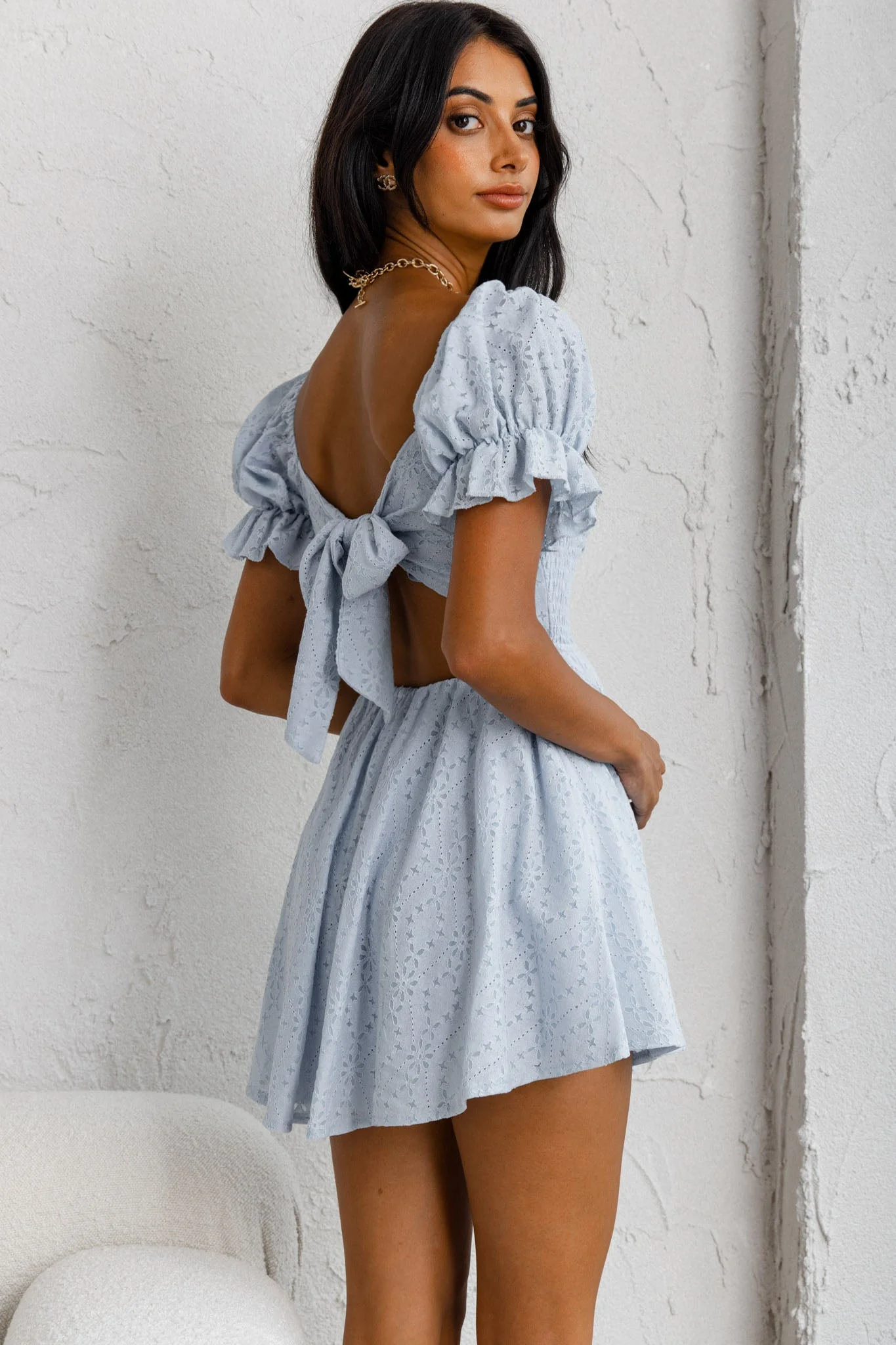 Buongiorno Bella Shirred Lace Up Bodice Mini Dress Blue - Image 2