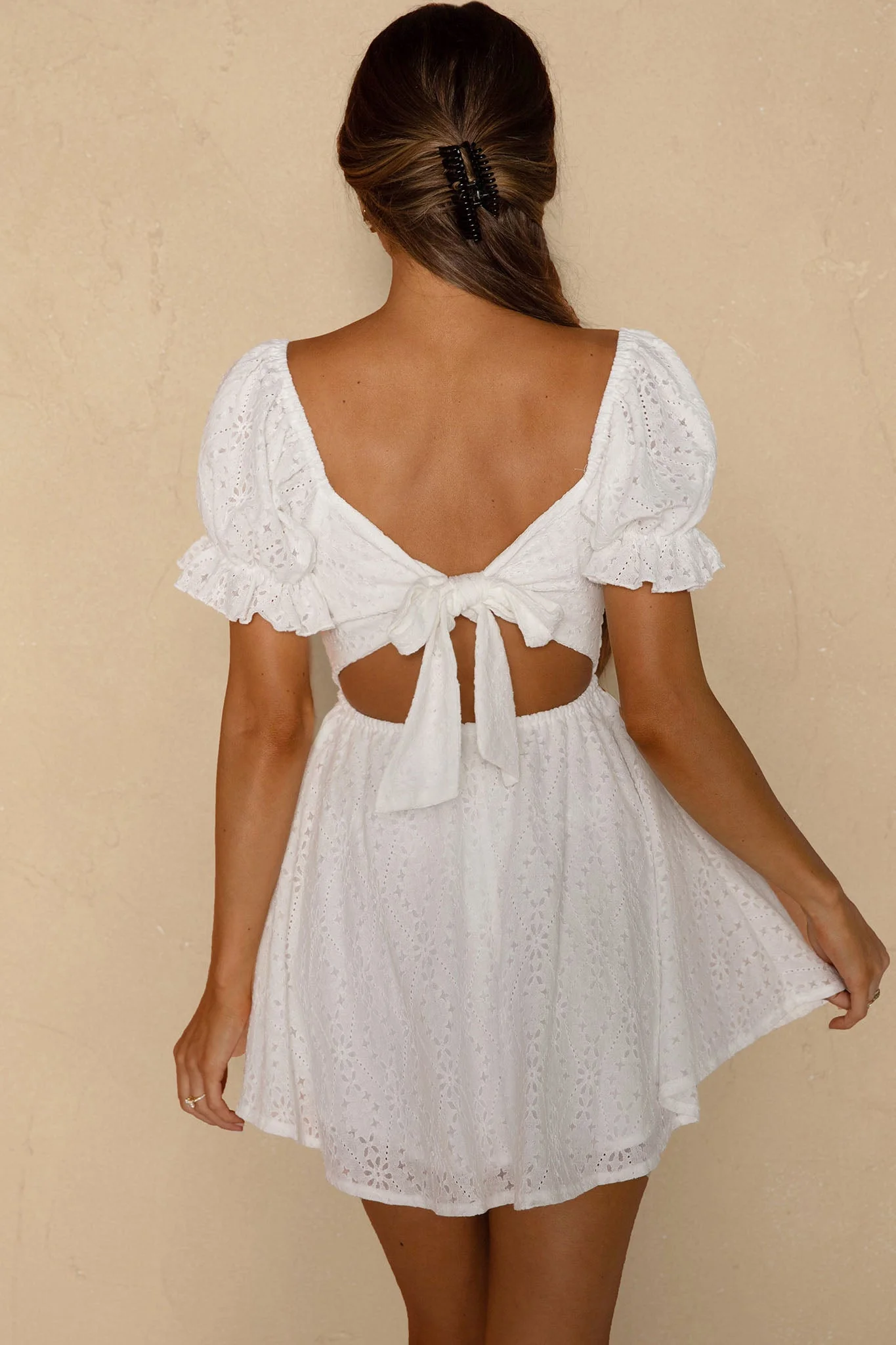 Buongiorno Bella Shirred Lace Up Bodice Mini Dress White - Image 7