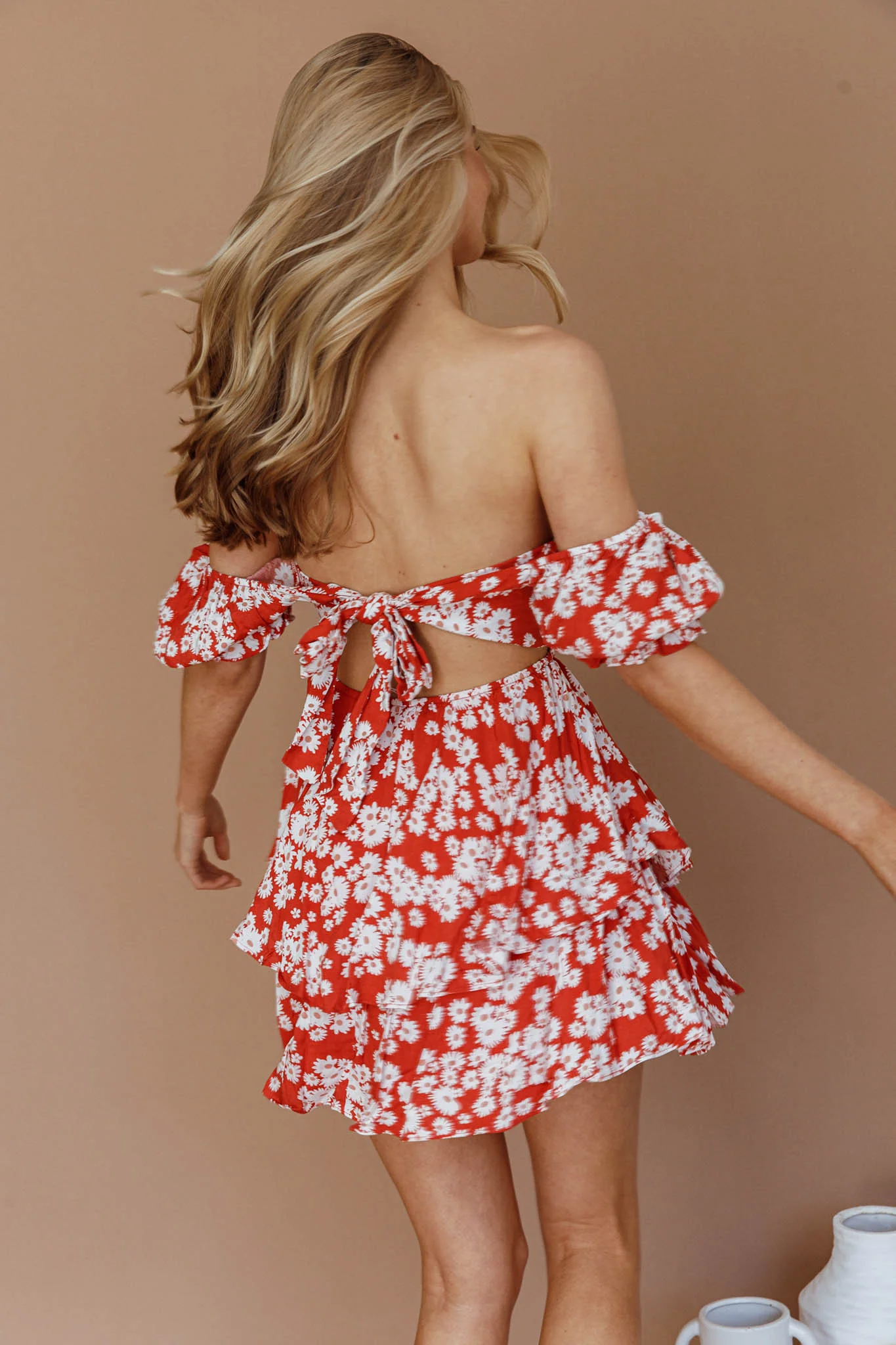 Buongiorno Bella Shirred Lace Up Mini Dress Floral Red - Image 2