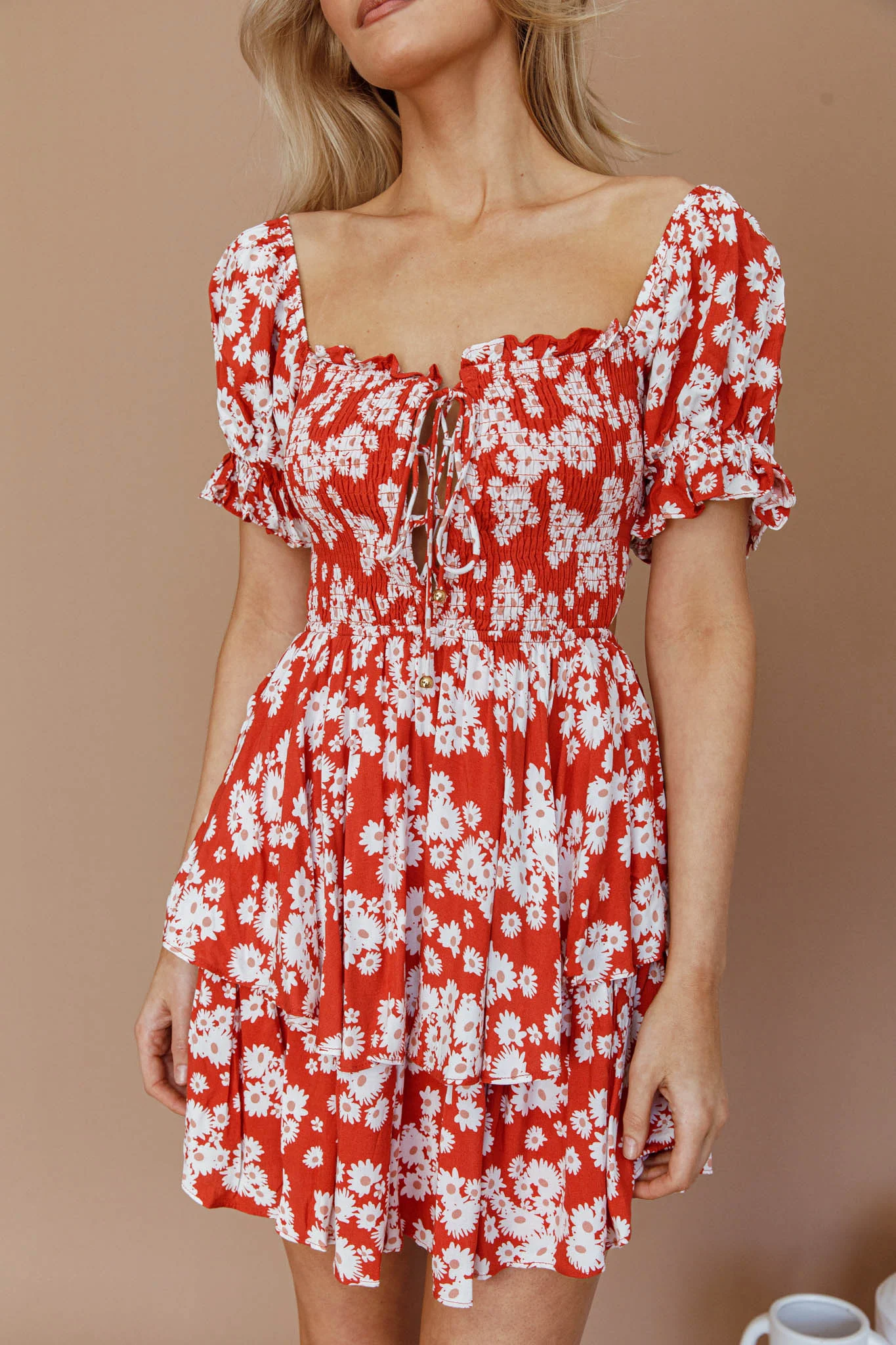 Buongiorno Bella Shirred Lace Up Mini Dress Floral Red - Image 4