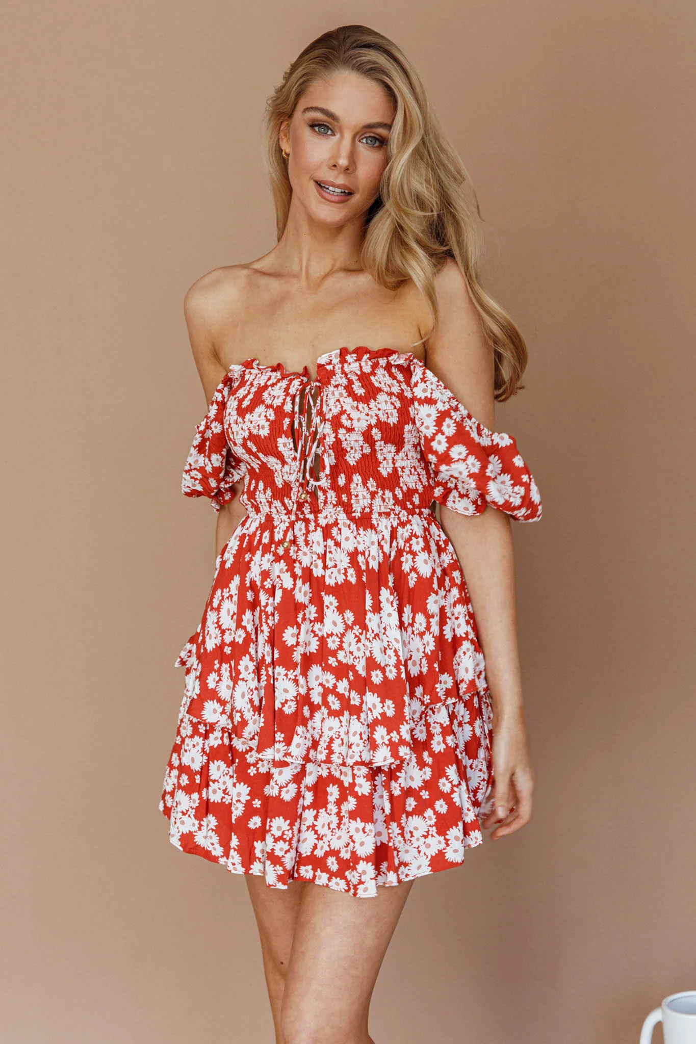 Buongiorno Bella Shirred Lace Up Mini Dress Floral Red - Image 6