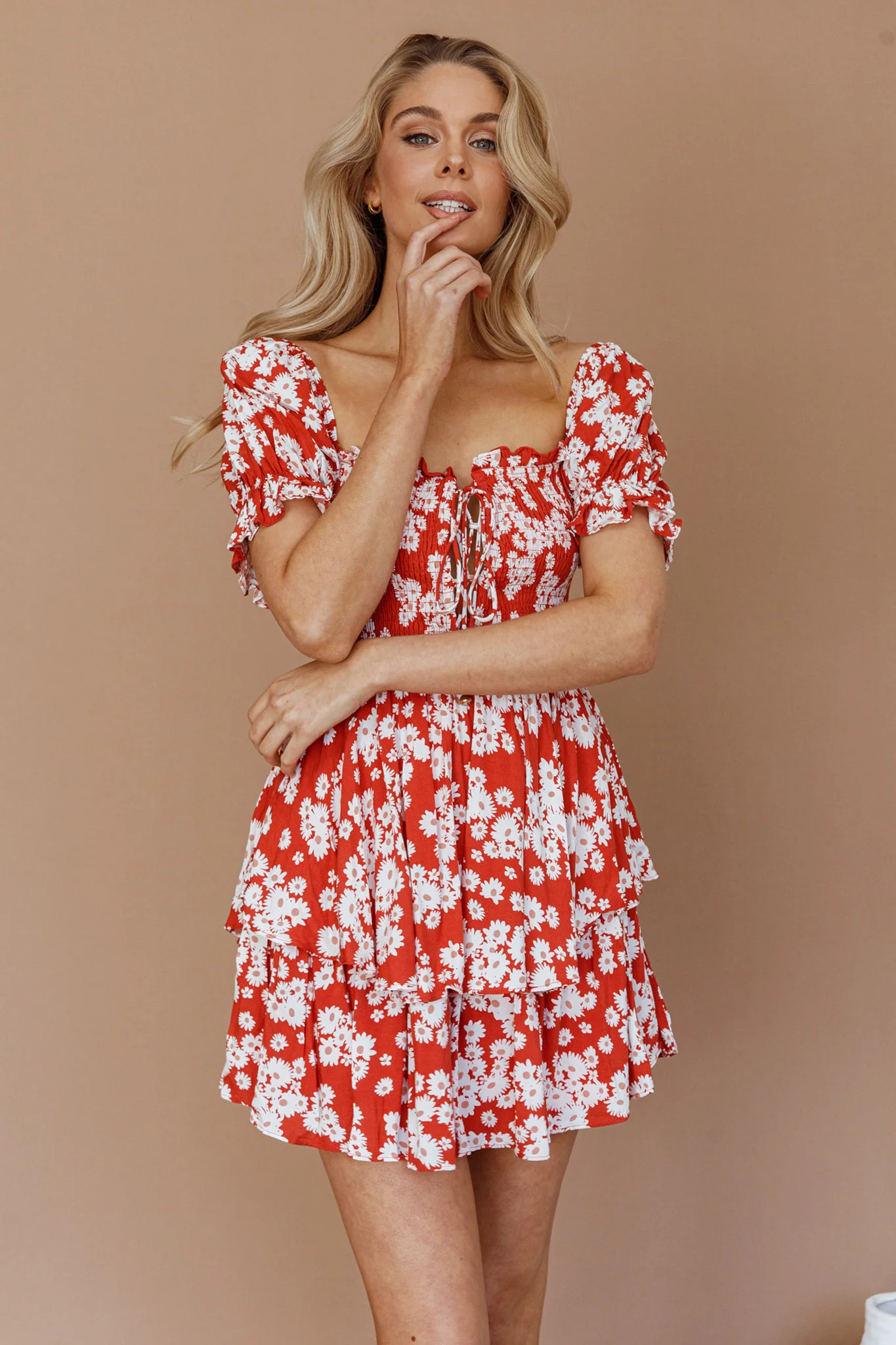 Buongiorno Bella Shirred Lace Up Mini Dress Floral Red - Image 9