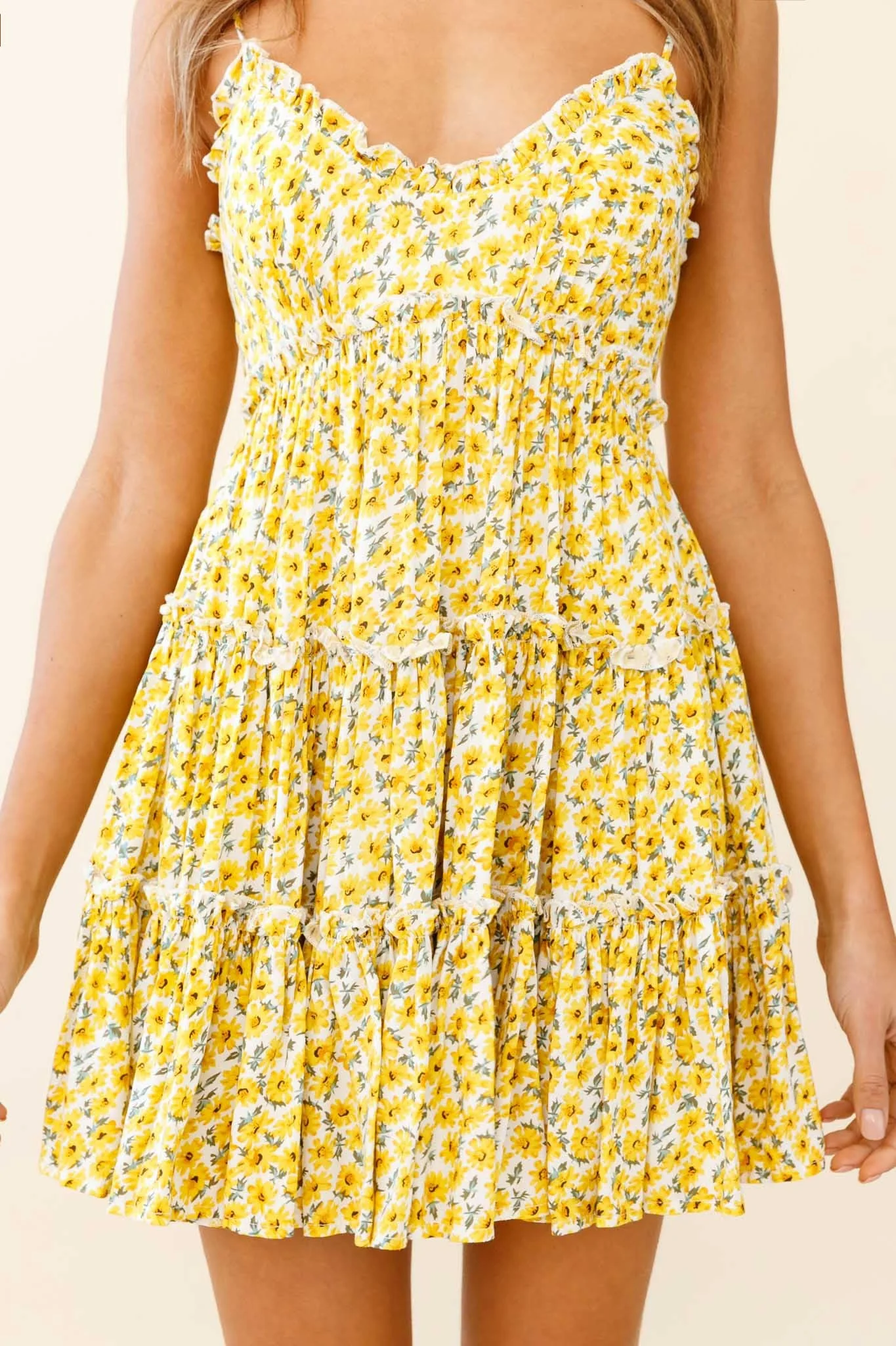 Buttercup Frill Trimmed Babydoll Dress Floral Print Yellow - Image 4