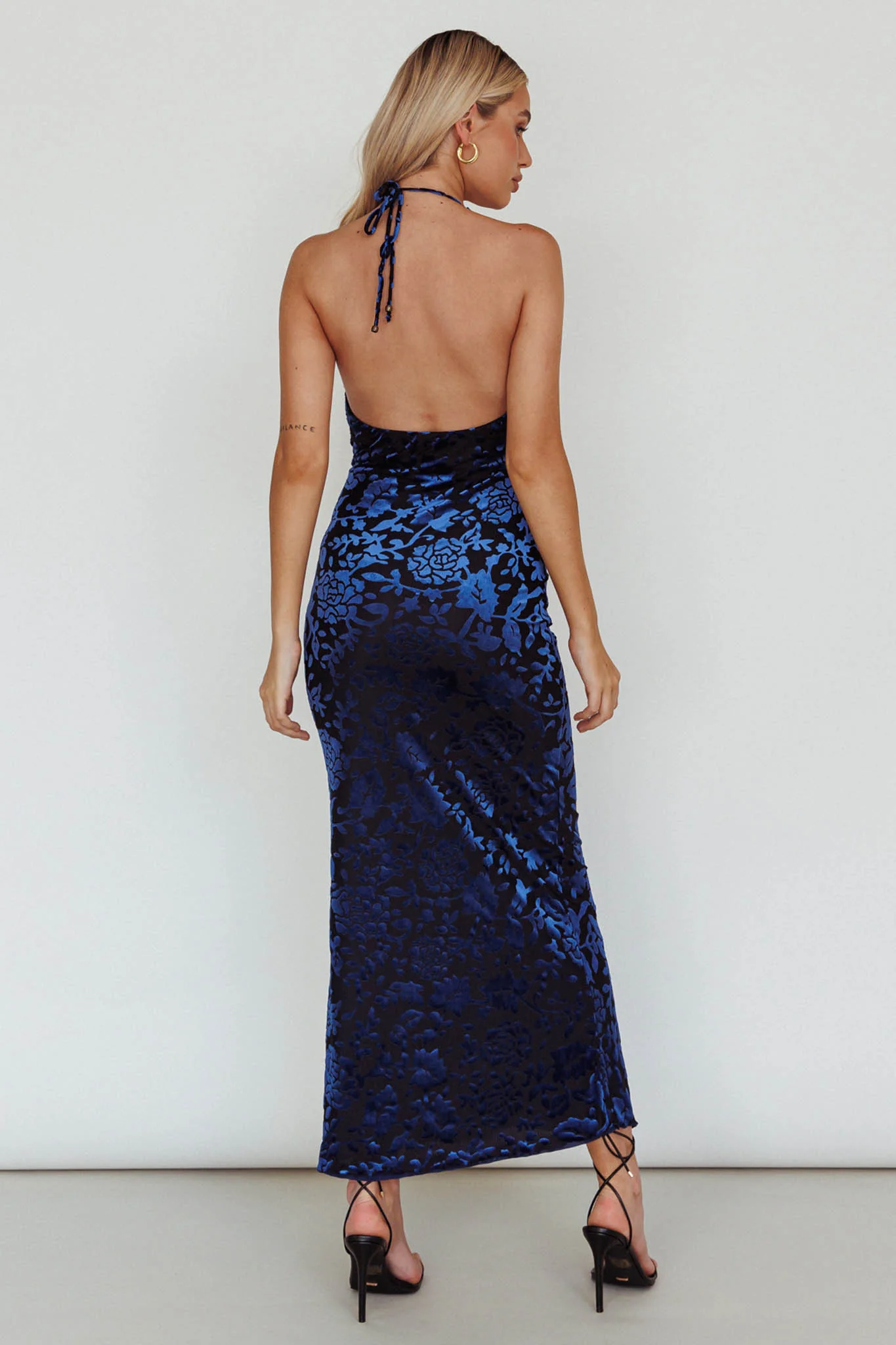 Byzantine Cowl Halterneck Midi Dress Floral Midnight Blue - Image 2