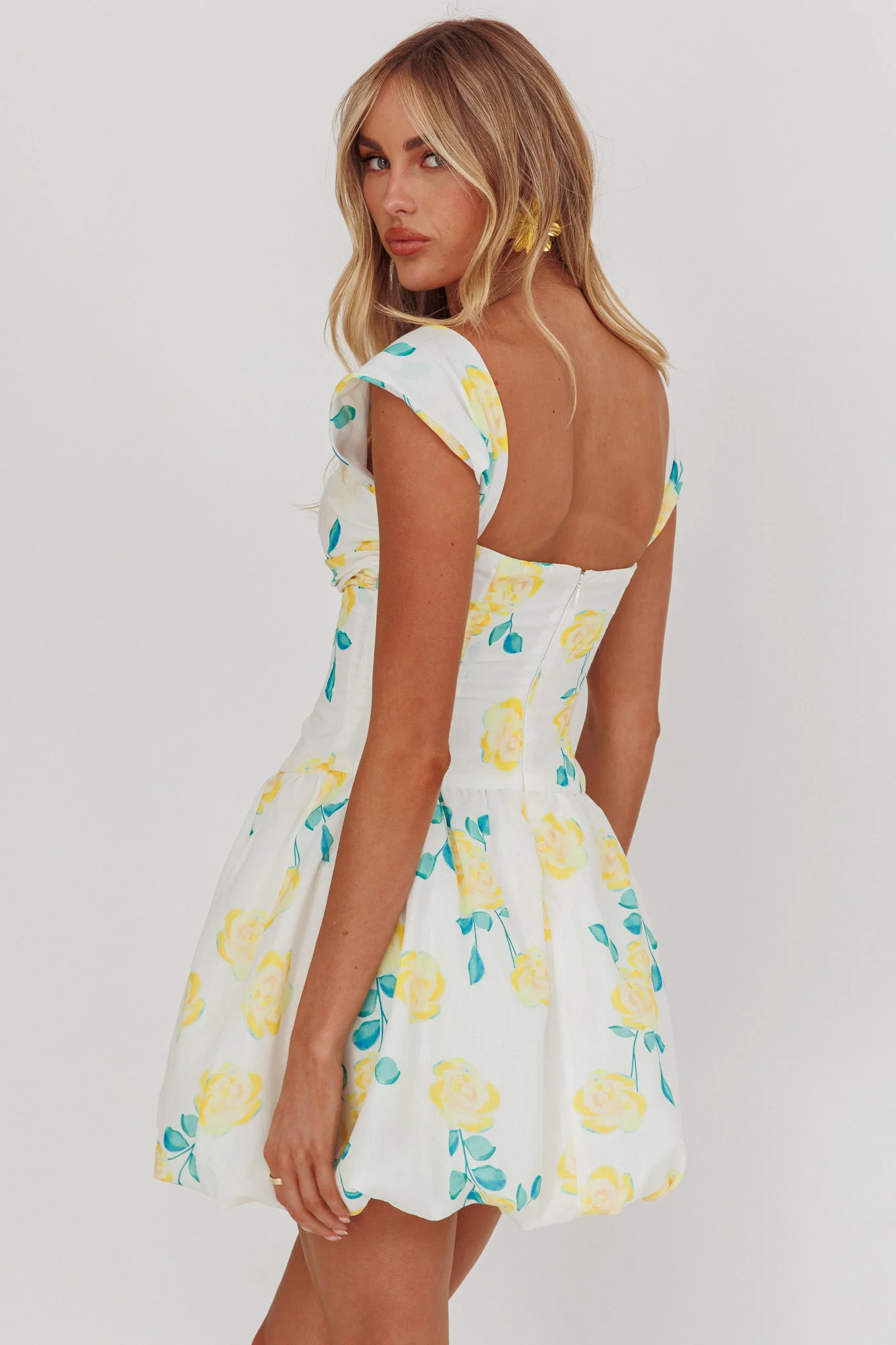 Cadi Twist Bust Balloon Mini Dress Floral Yellow - Image 3