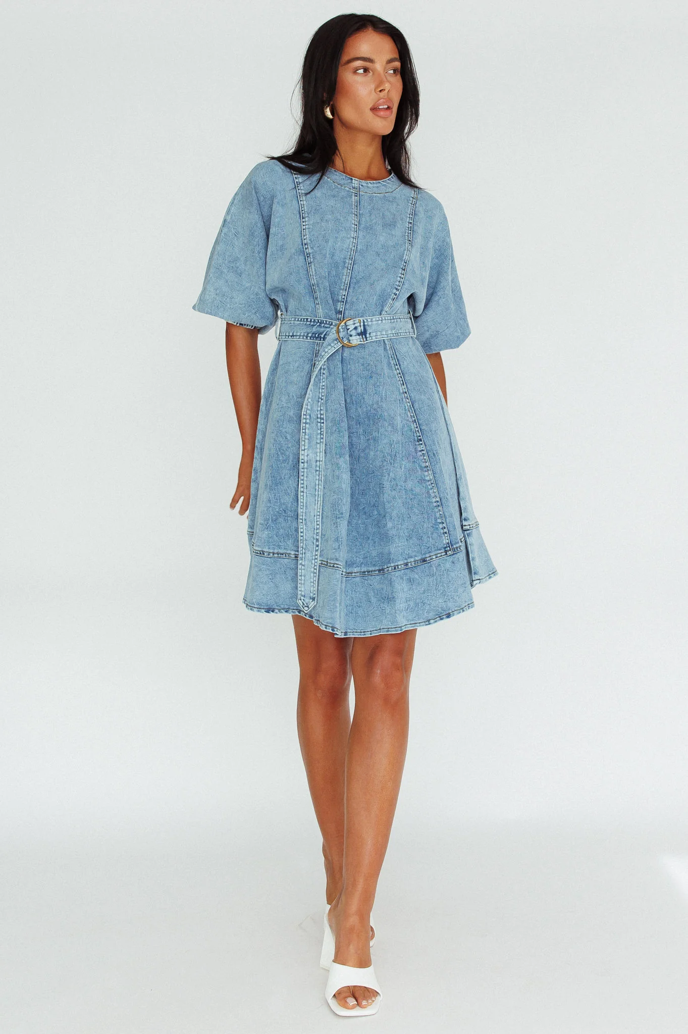 Cadijah Puff Sleeve Belted Mini Dress Denim Blue - Image 3