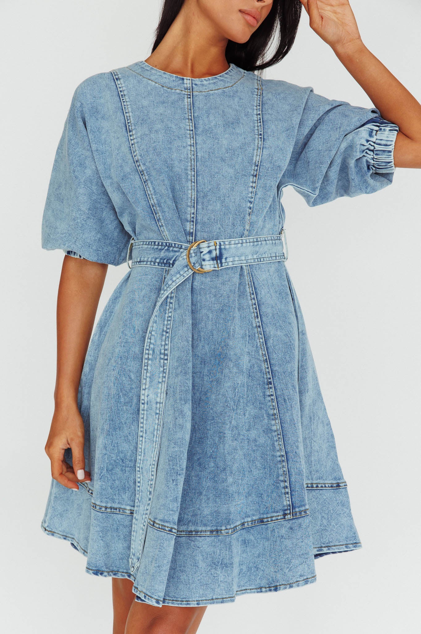 Cadijah Puff Sleeve Belted Mini Dress Denim Blue - Image 4