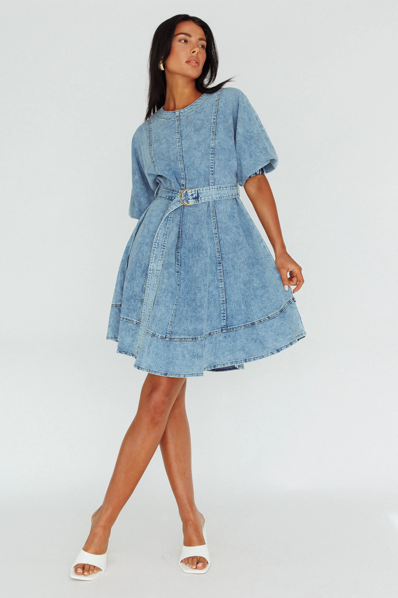 Cadijah Puff Sleeve Belted Mini Dress Denim Blue - Image 5