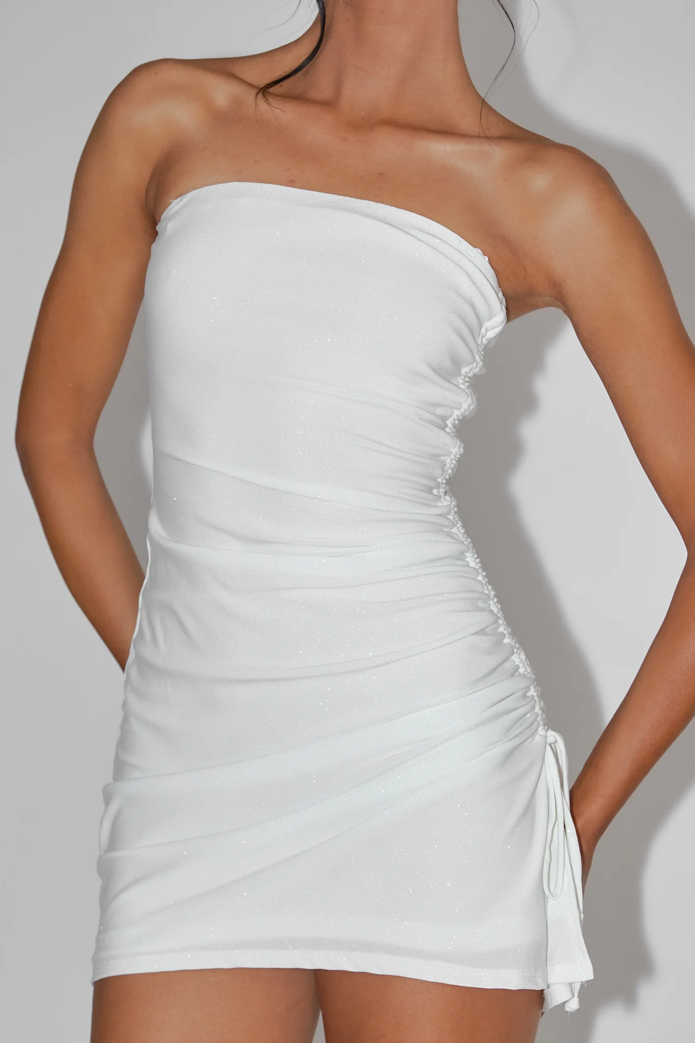 Cadiz Strapless Ruched Mini Dress Off White - Image 4