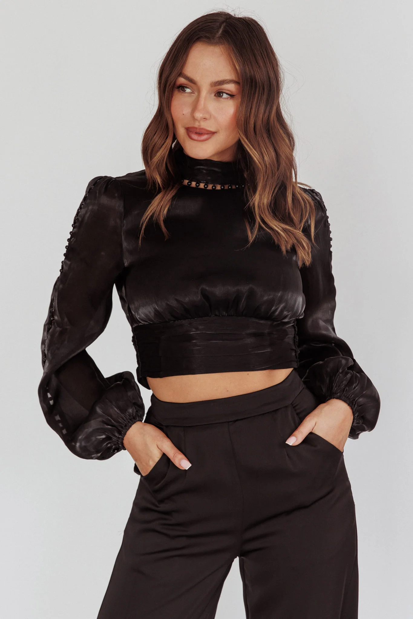 Caia Pearl Detail Open Back Top Black - Image 6