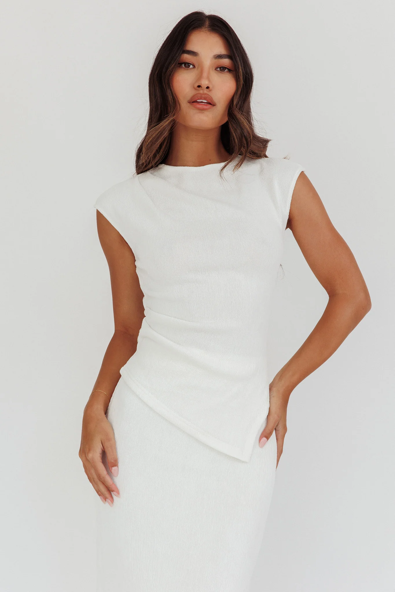 Calculated Cap Sleeve Ribbed Knit Top White - Image 6