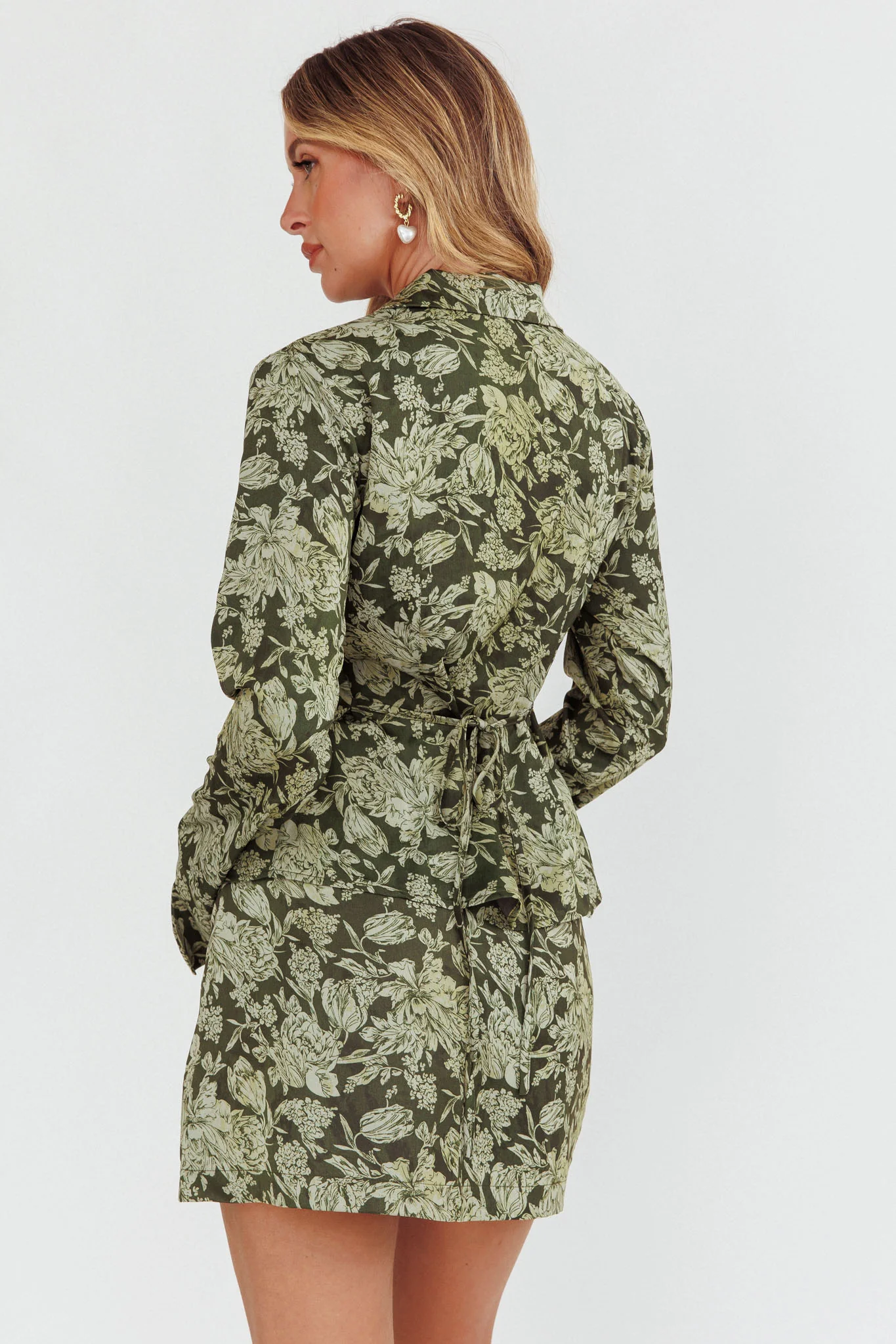 Caledonia Collared Button-Up Satin Shirt Floral Olive - Image 2