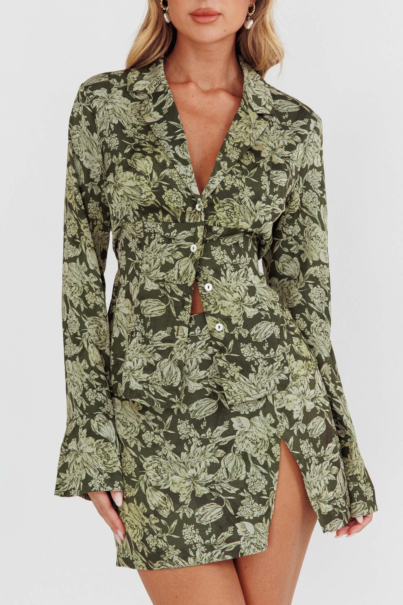 Caledonia Collared Button-Up Satin Shirt Floral Olive - Image 4