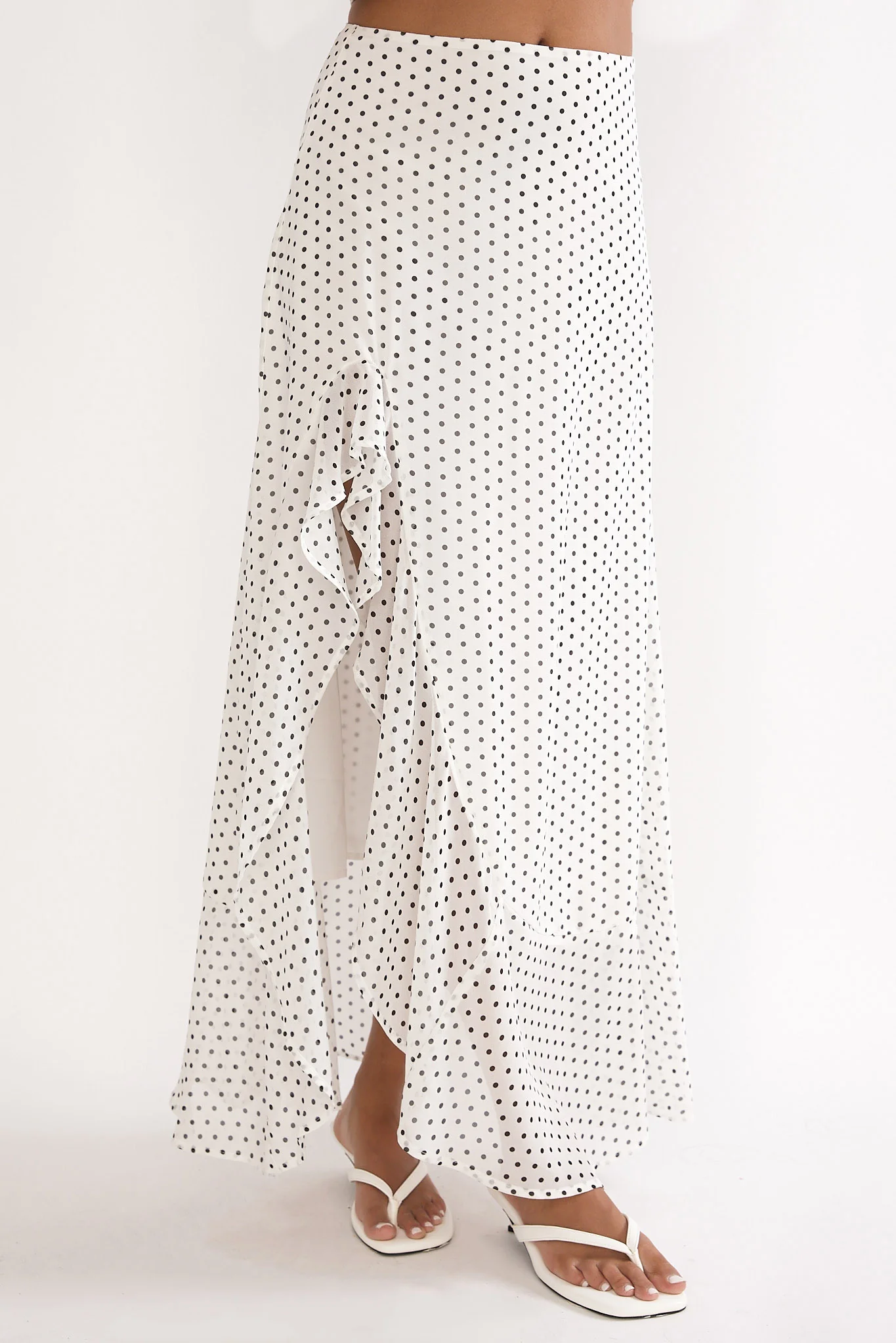 Caliah Ruffle Split Maxi Skirt Polka Dot Ivory - Image 3