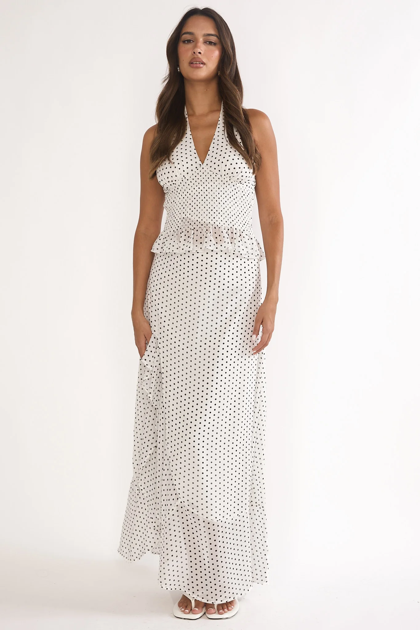 Caliah Ruffle Split Maxi Skirt Polka Dot Ivory - Image 4