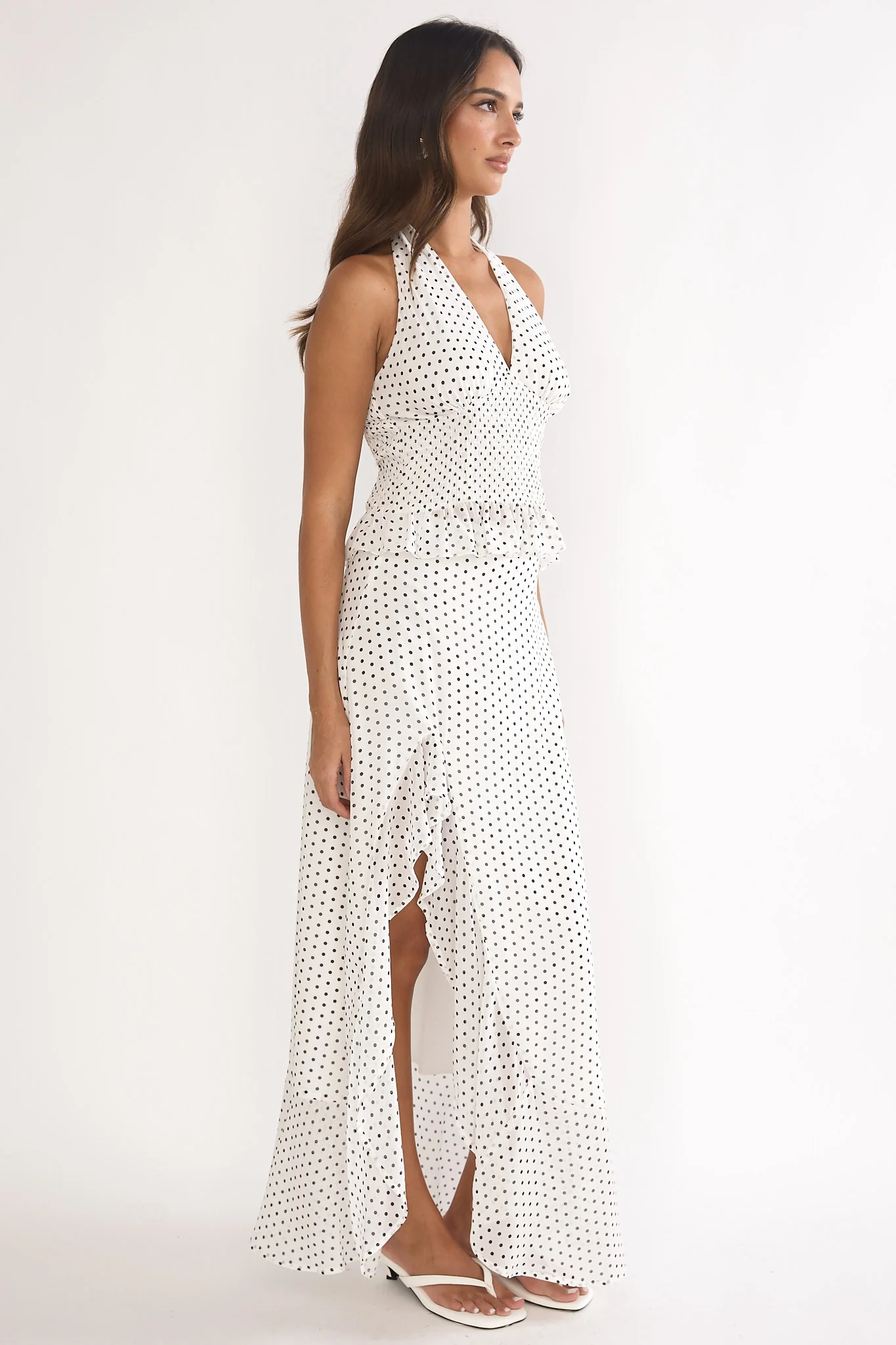 Caliah Ruffle Split Maxi Skirt Polka Dot Ivory - Image 6