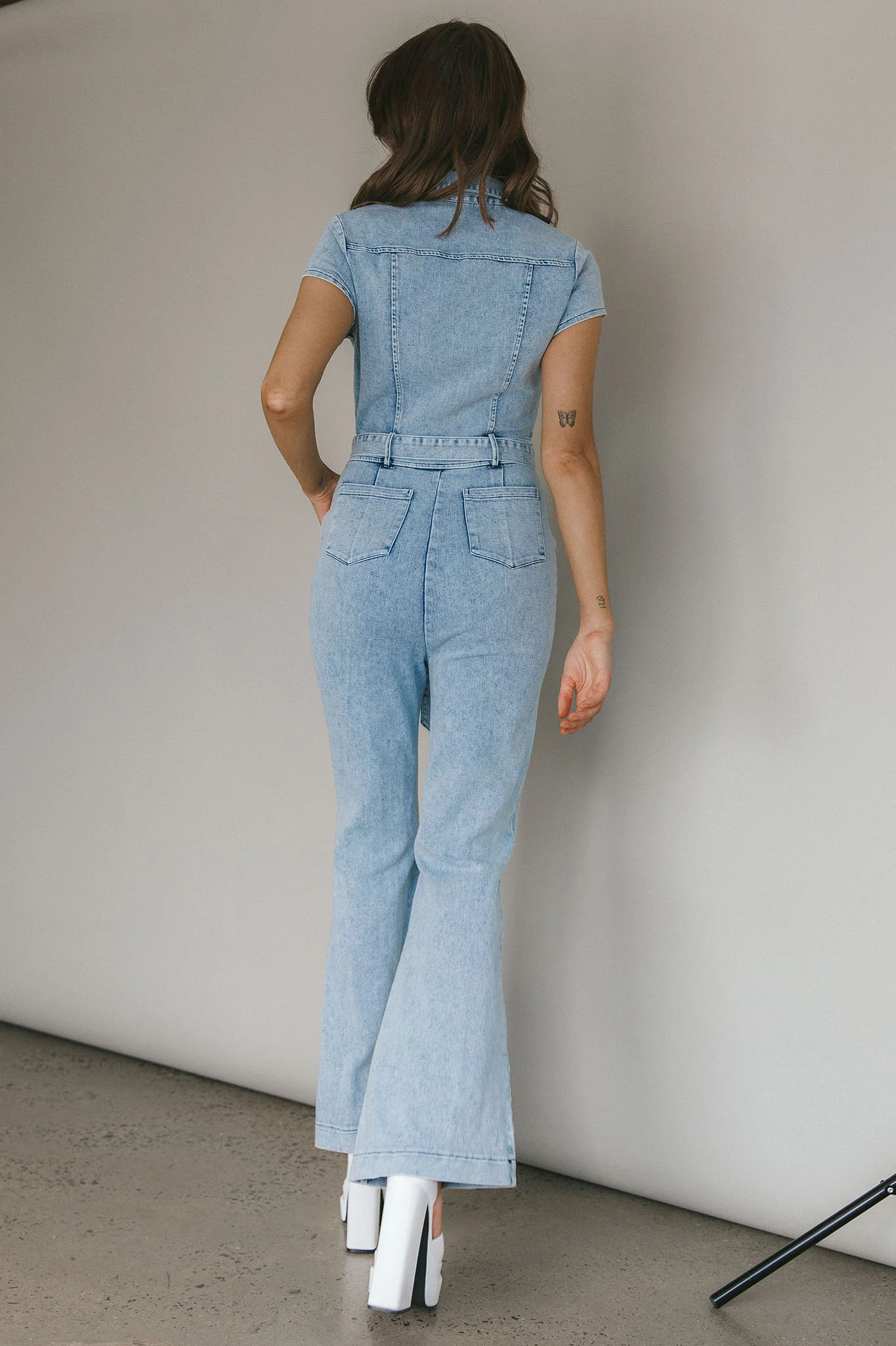 California Girl Short Sleeve Waist Tie Jumpsuit Denim Blue - Image 2
