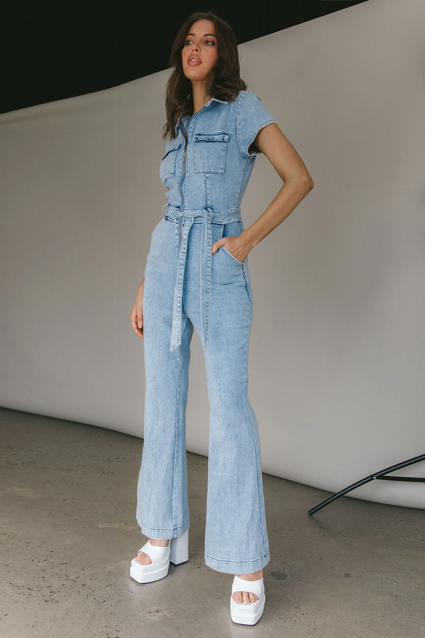 California Girl Short Sleeve Waist Tie Jumpsuit Denim Blue - Image 3