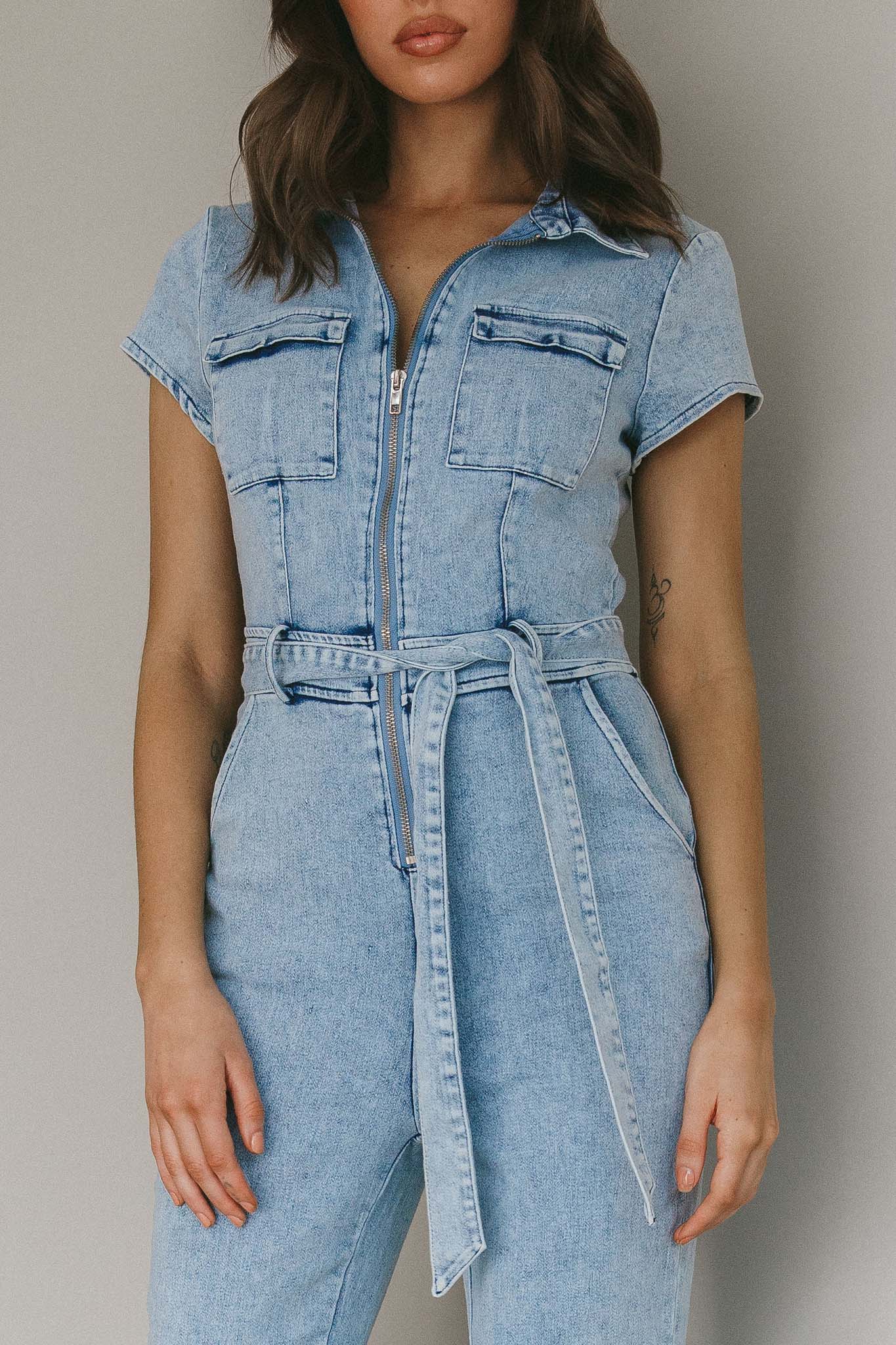California Girl Short Sleeve Waist Tie Jumpsuit Denim Blue - Image 4