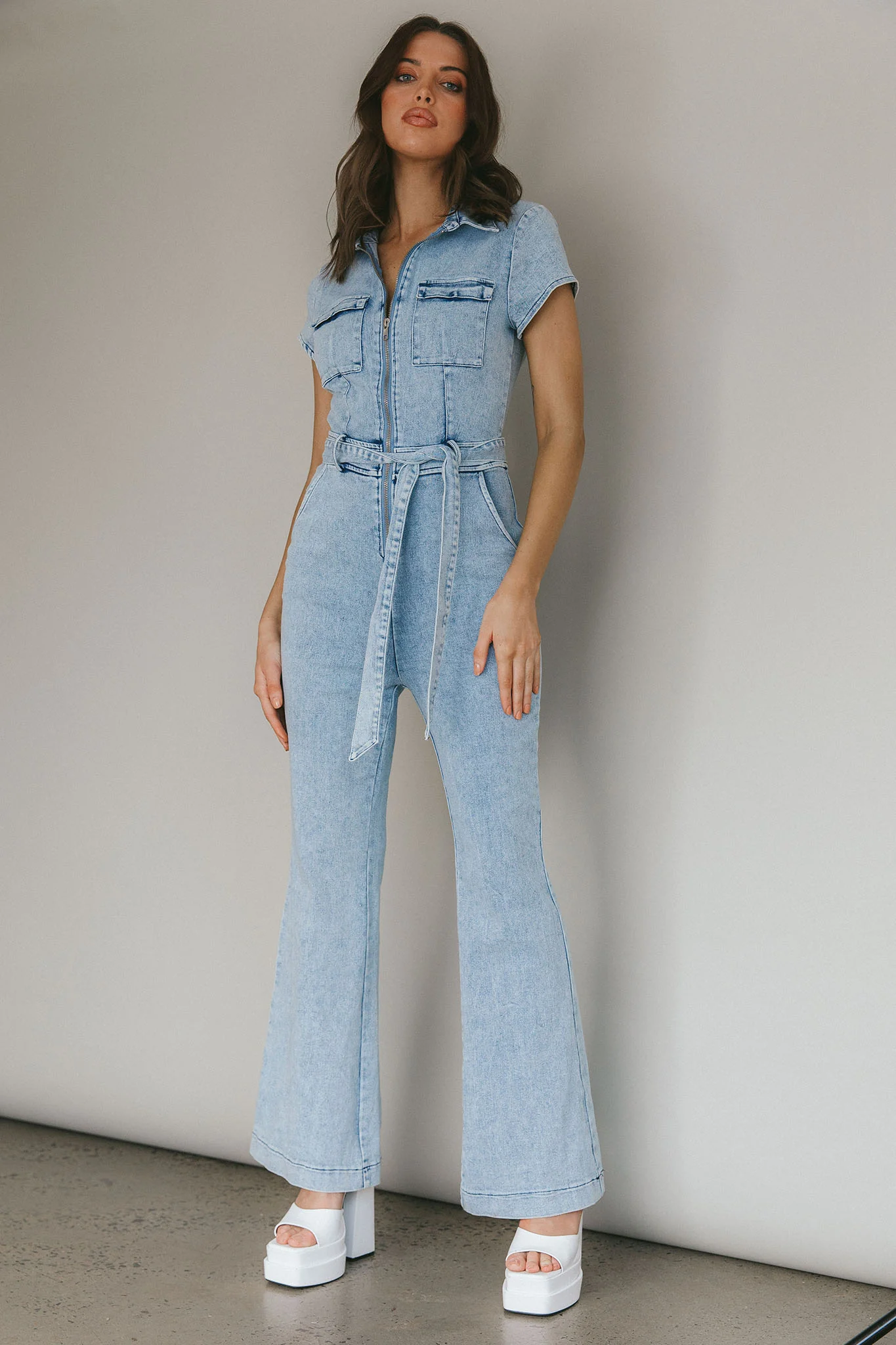 California Girl Short Sleeve Waist Tie Jumpsuit Denim Blue - Image 5
