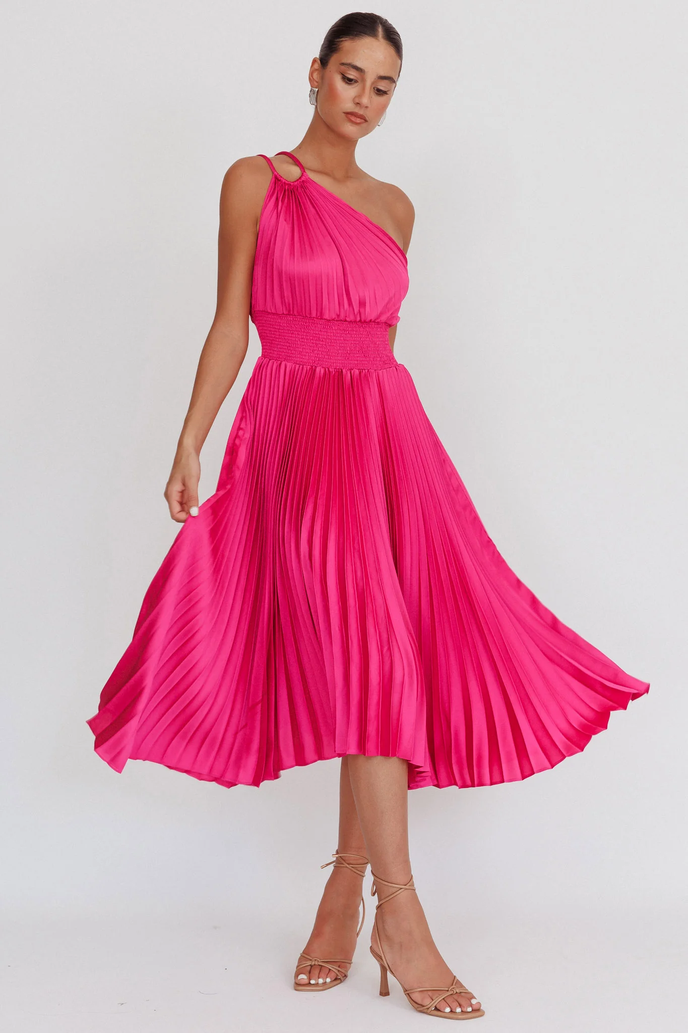 Calissa One Shoulder Pleated Midi Dress Magenta - Image 5