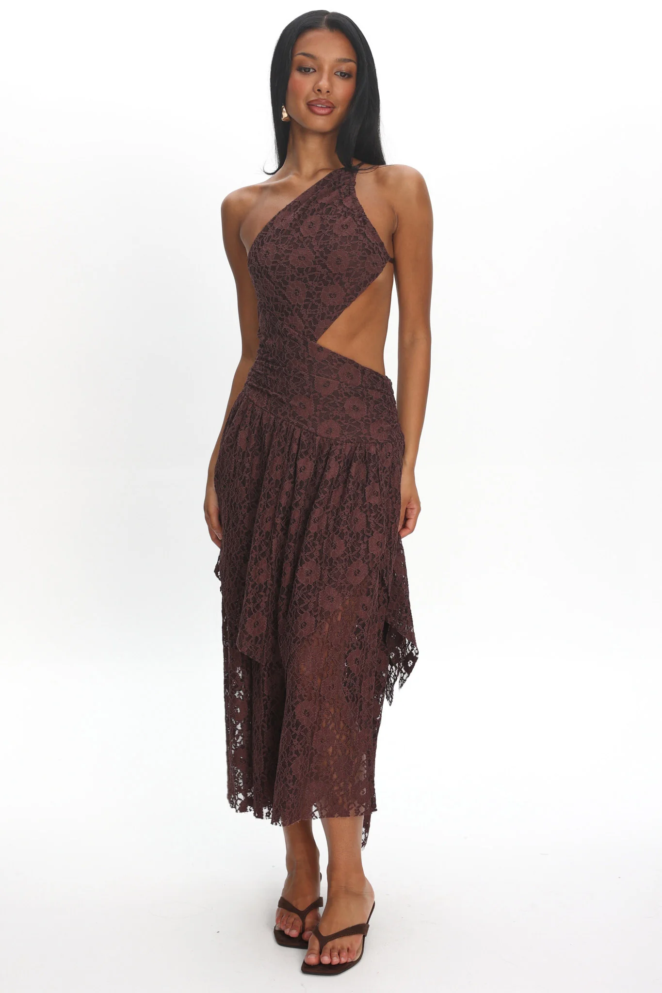 Call Back Cut-Out Waist Midi Dress Lace Chocolate - Image 4
