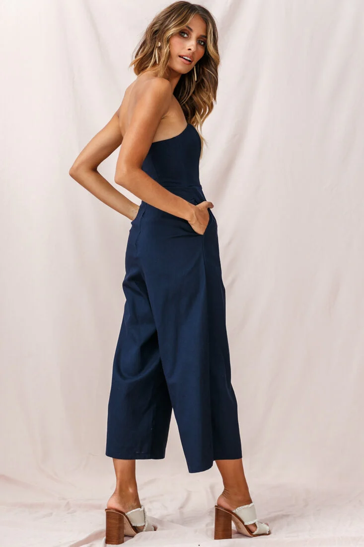Call Me Wide-Leg Linen Bandeau Jumpsuit Navy - Image 3