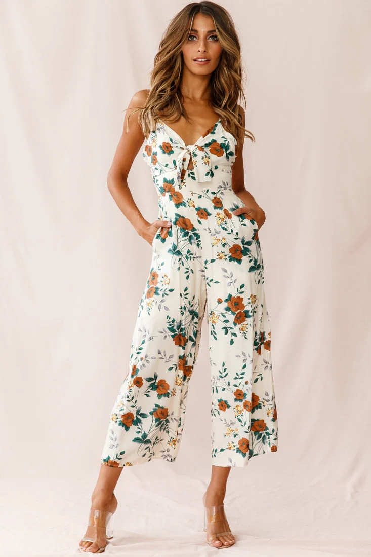 Call Me Wide-Leg Tied Bust Jumpsuit Floral Print Beige - Image 2