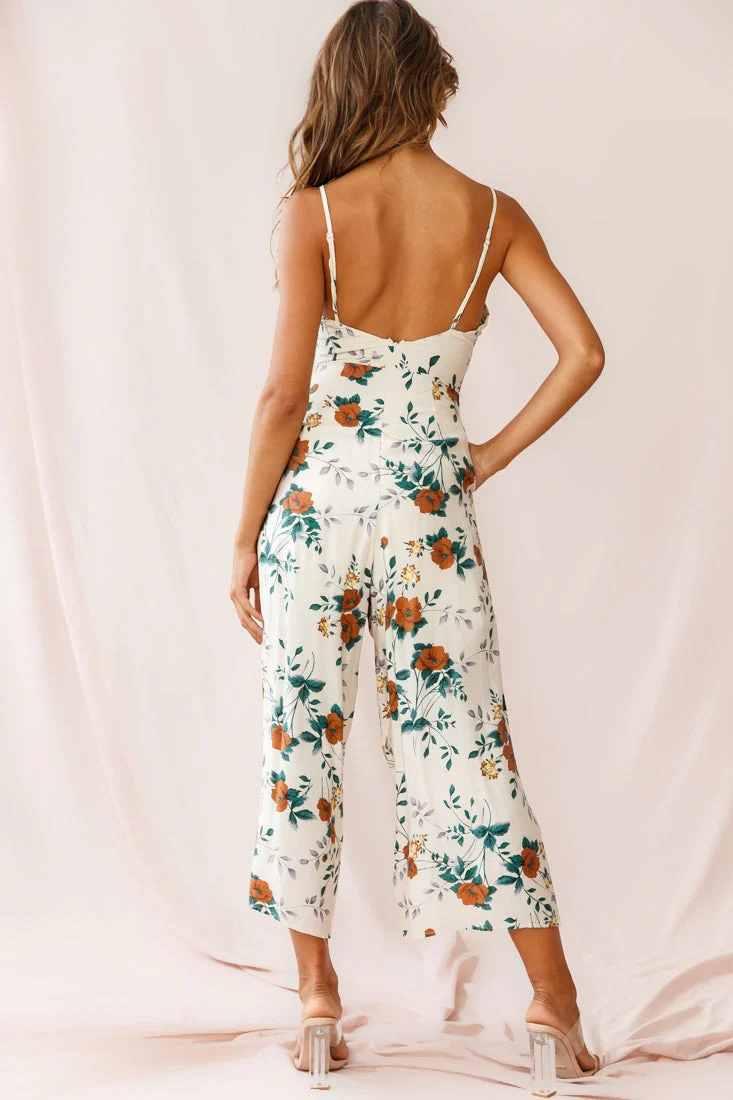 Call Me Wide-Leg Tied Bust Jumpsuit Floral Print Beige - Image 3